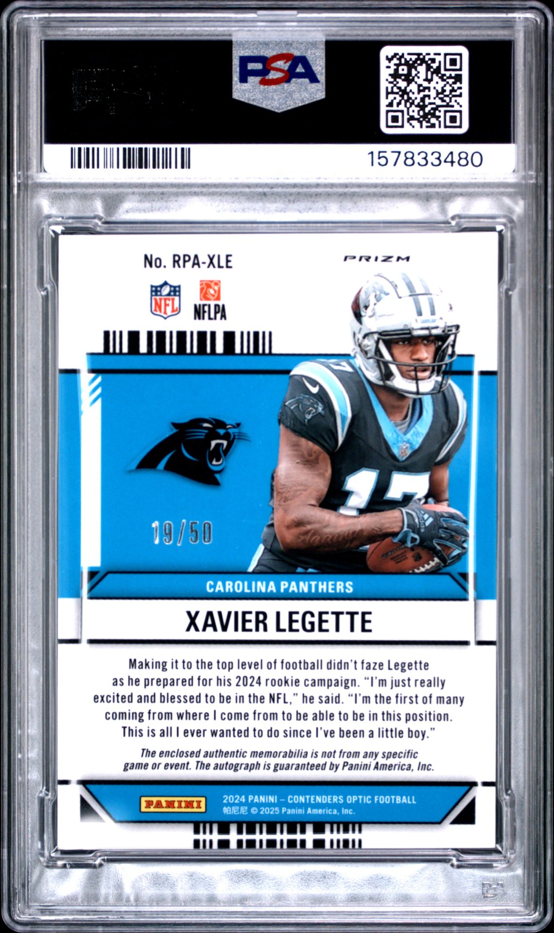 2024 Panini Contenders Optic Rookie Patch Autographs Xavier Legette #Rpaxle (Rookie Patch Auto-Blue) Mint 9 back