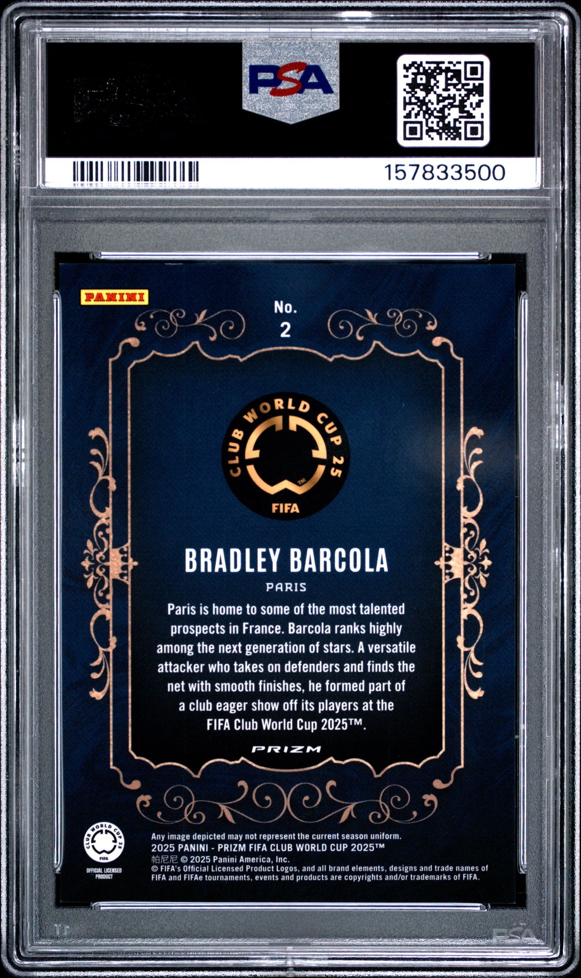 2025 Panini Prizm Fifa Club World Cup Pitch Crowns Bradley Barcola #2 Mint 9 back