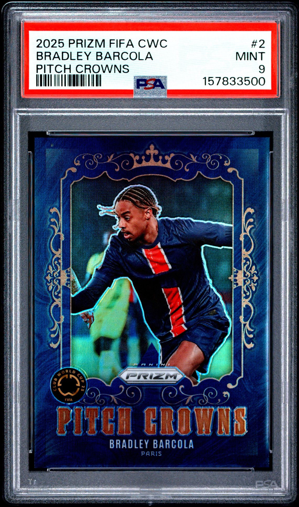 2025 Panini Prizm Fifa Club World Cup Pitch Crowns Bradley Barcola #2 Mint 9 front