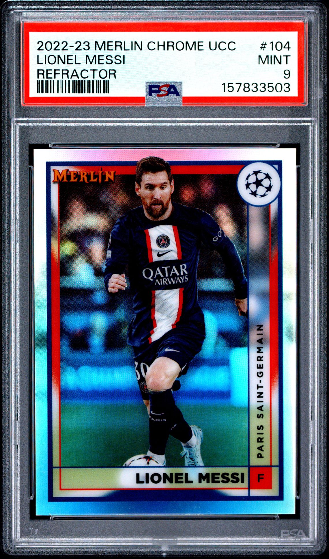 2022-23 Topps Merlin Chrome Uefa Club Competitions Lionel Messi #104 (Refractor) Mint 9 front