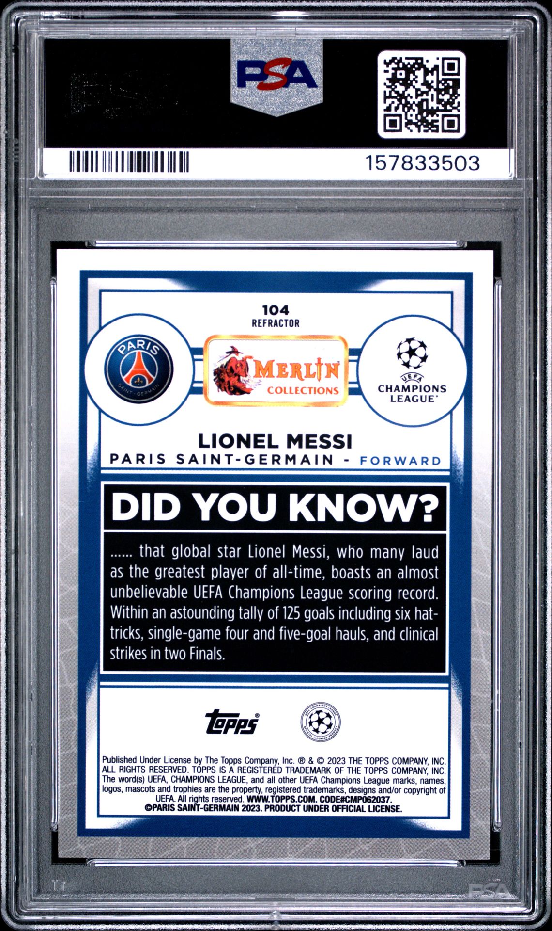 2022-23 Topps Merlin Chrome Uefa Club Competitions Lionel Messi #104 (Refractor) Mint 9 back