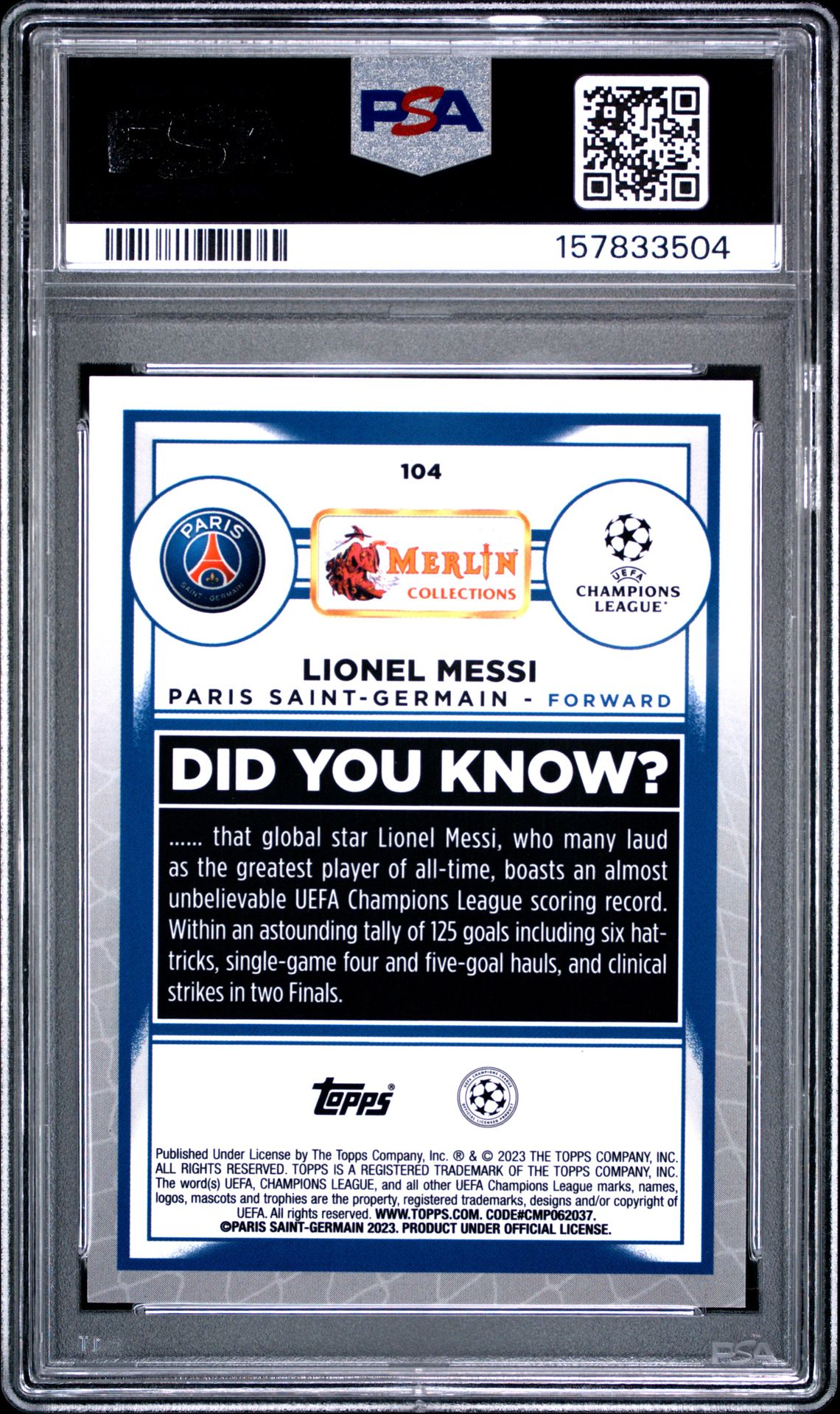 2022-23 Topps Merlin Chrome Uefa Club Competitions Lionel Messi #104 Mint 9 back