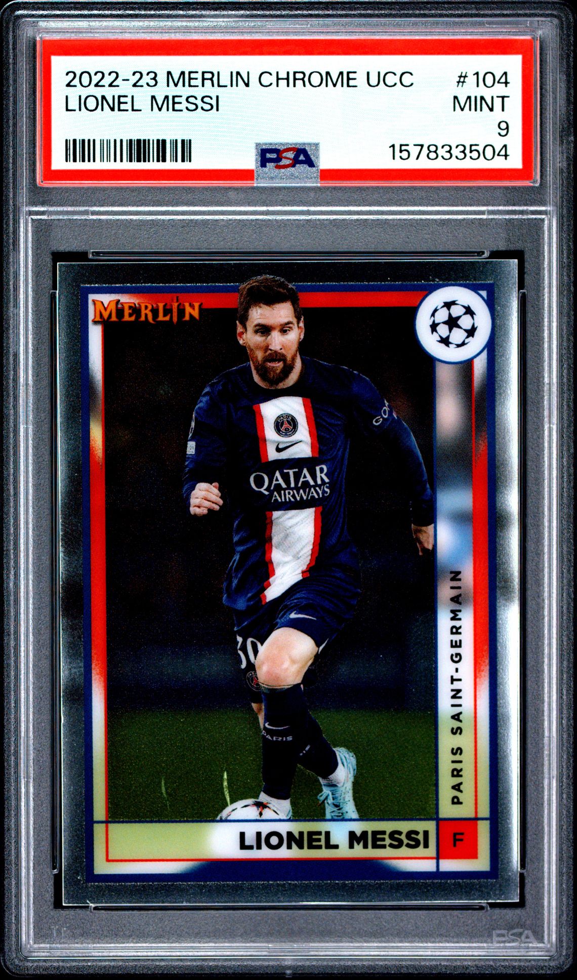 2022-23 Topps Merlin Chrome Uefa Club Competitions Lionel Messi #104 Mint 9 front