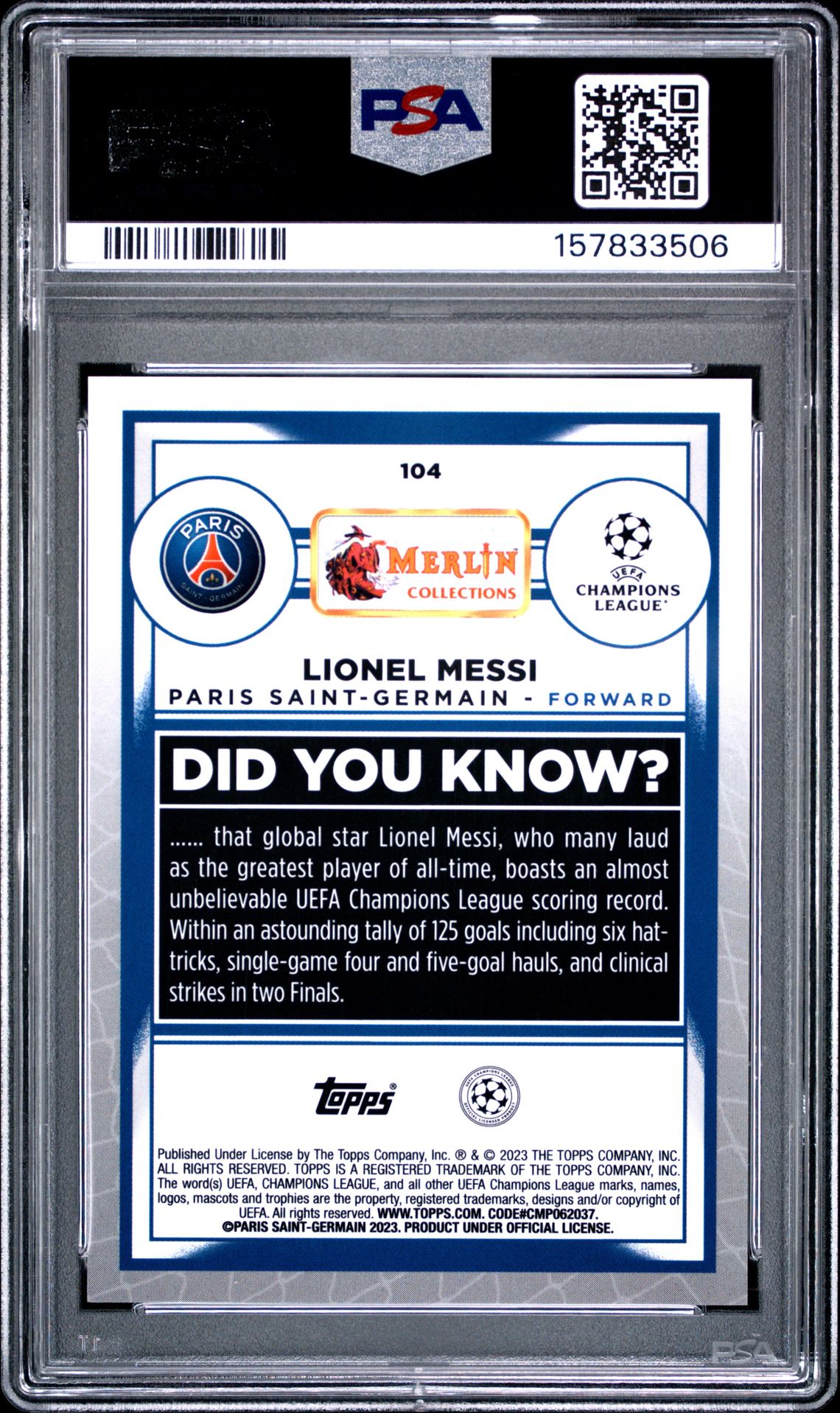 2022-23 Topps Merlin Chrome Uefa Club Competitions Lionel Messi #104 Mint 9 back