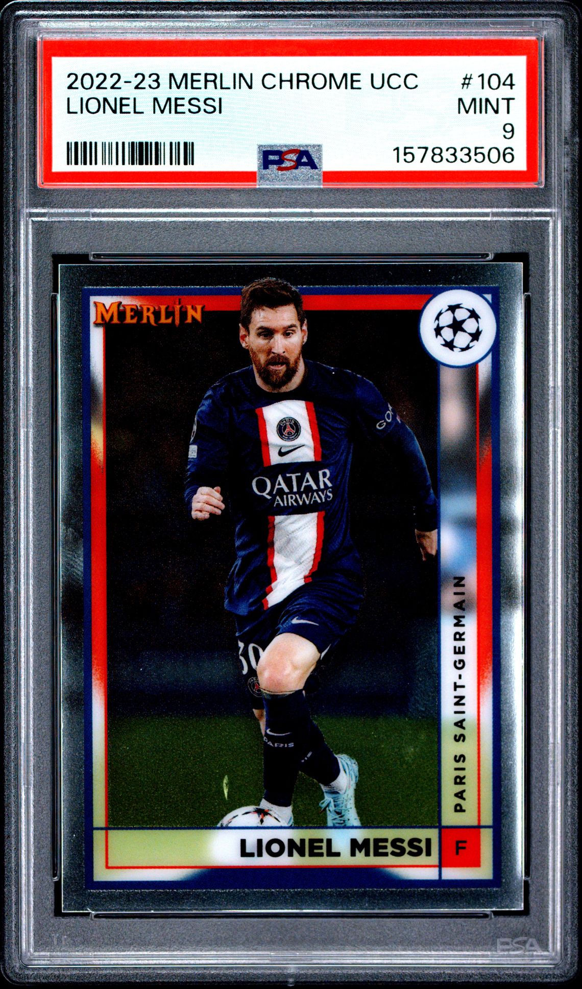 2022-23 Topps Merlin Chrome Uefa Club Competitions Lionel Messi #104 Mint 9 front