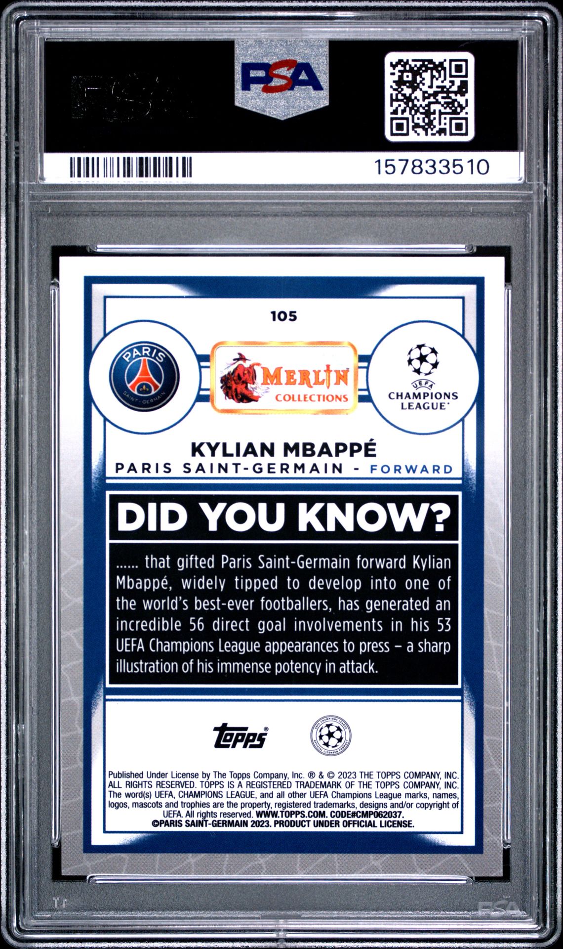 2022-23 Topps Merlin Chrome Uefa Club Competitions Kylian Mbappe #105 (Aqua Prism Refractor) Mint 9 back