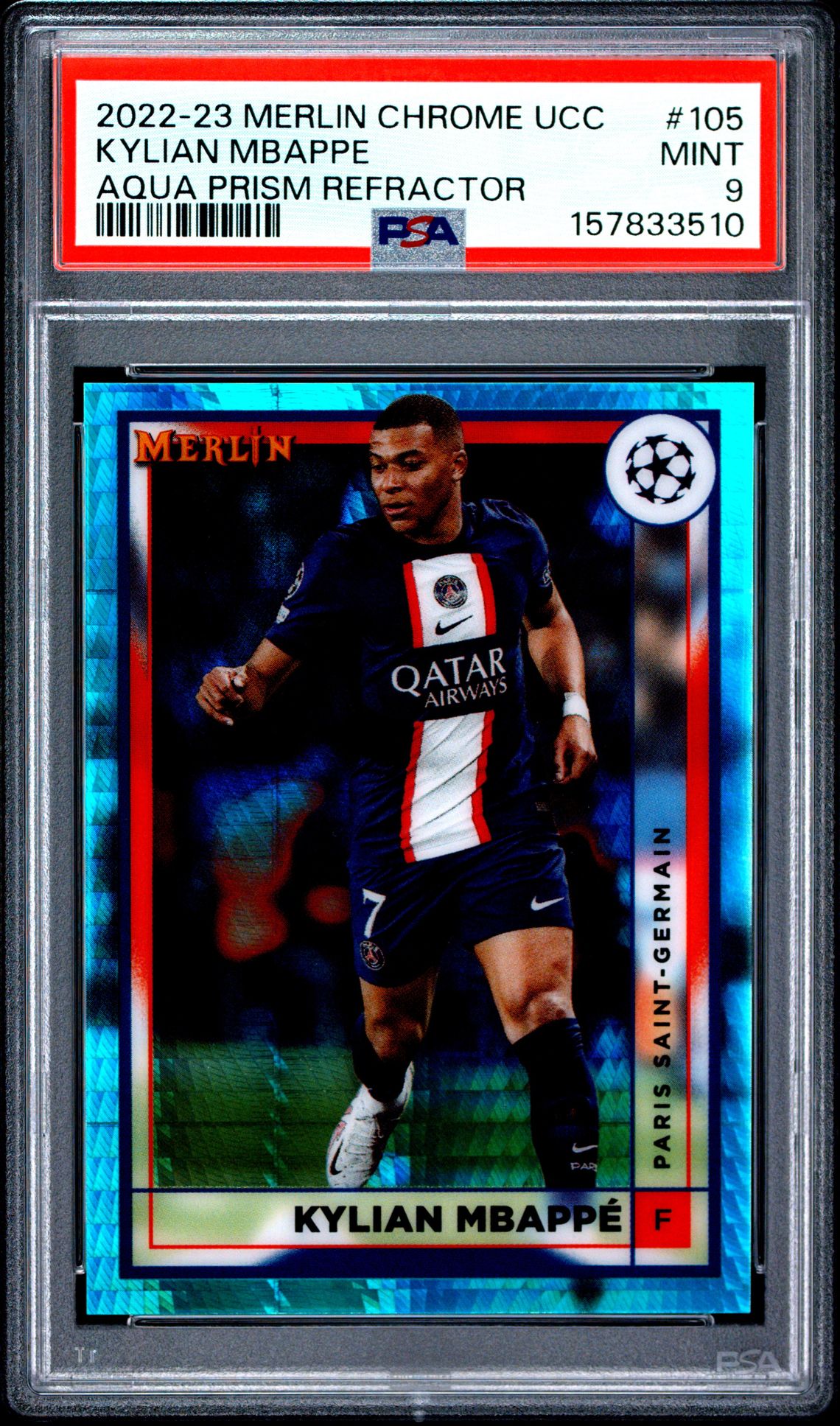 2022-23 Topps Merlin Chrome Uefa Club Competitions Kylian Mbappe #105 (Aqua Prism Refractor) Mint 9 front
