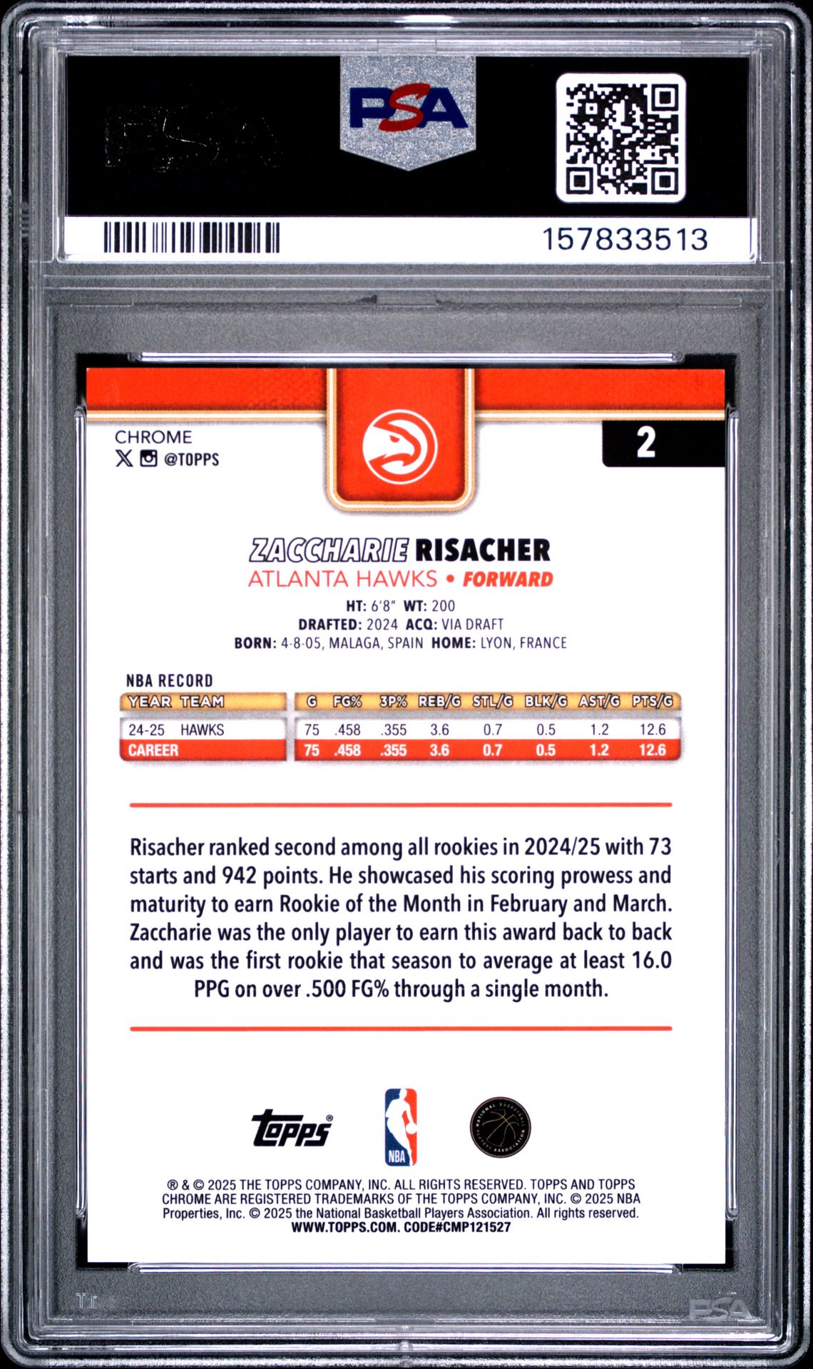 2025 Topps Chrome Zaccharie Risacher #2 (Gold Refractor) Mint 9 back
