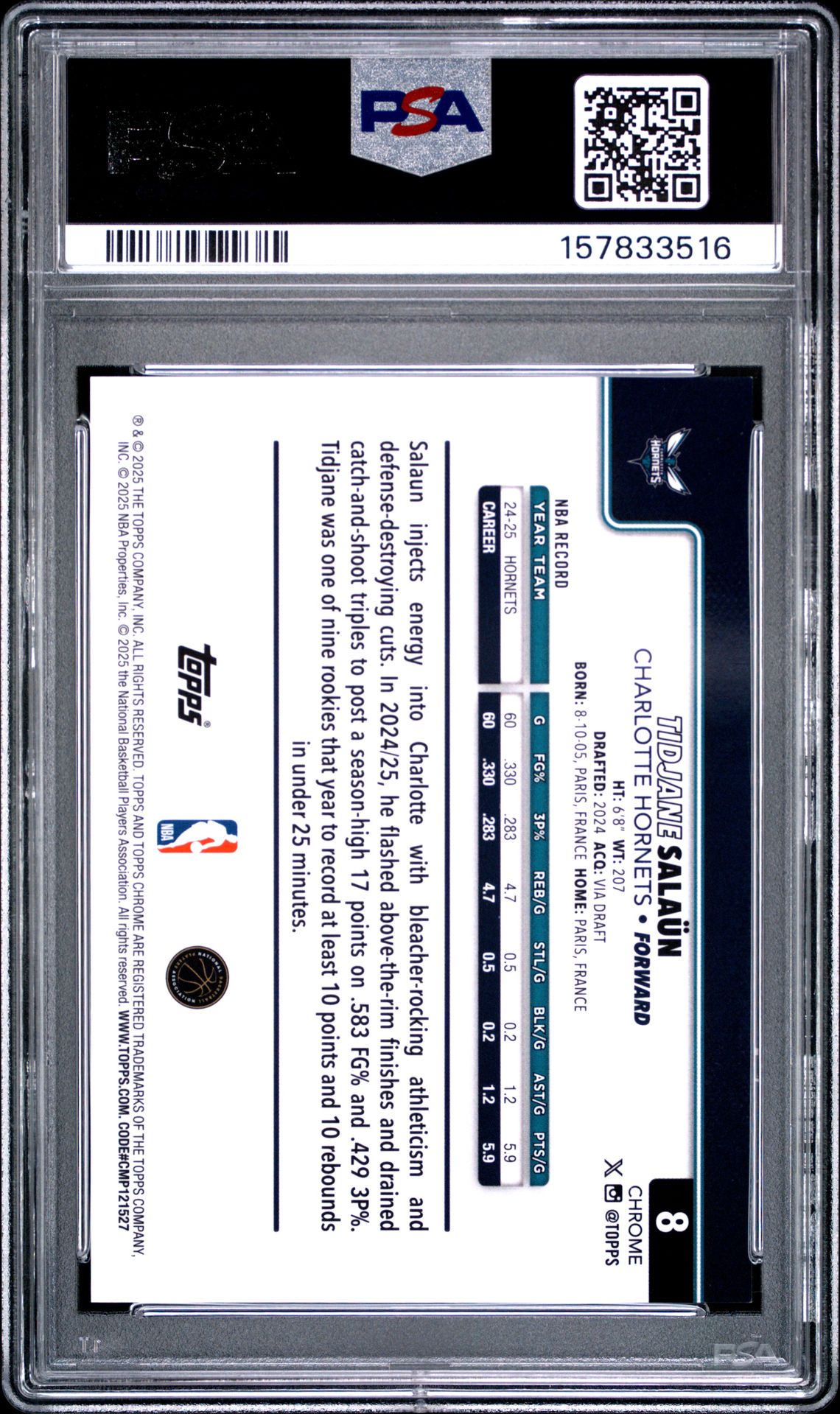 2025 Topps Chrome Tidjane Salaun #8 (Gold Refractor) Mint 9 back