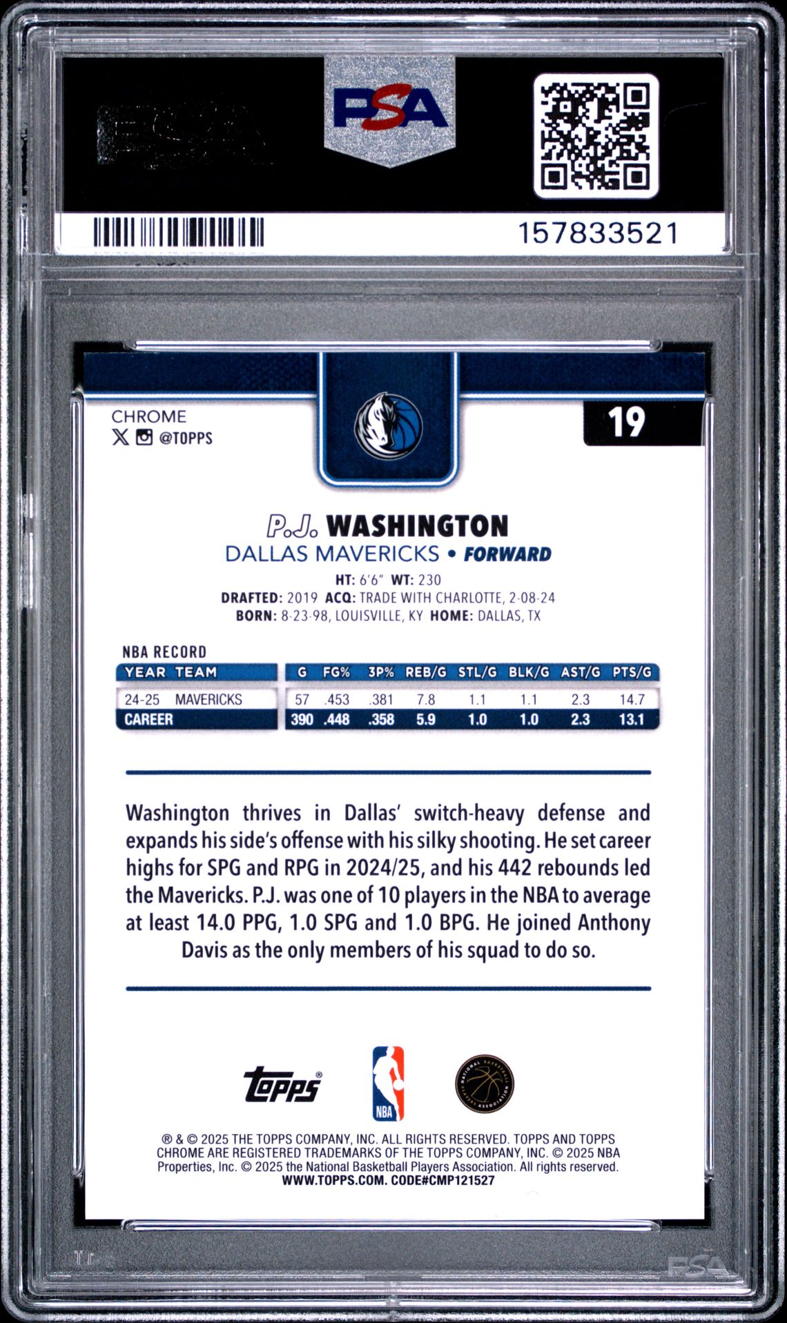 2025 Topps Chrome Pj Washington #19 (Gold Refractor) Mint 9 back