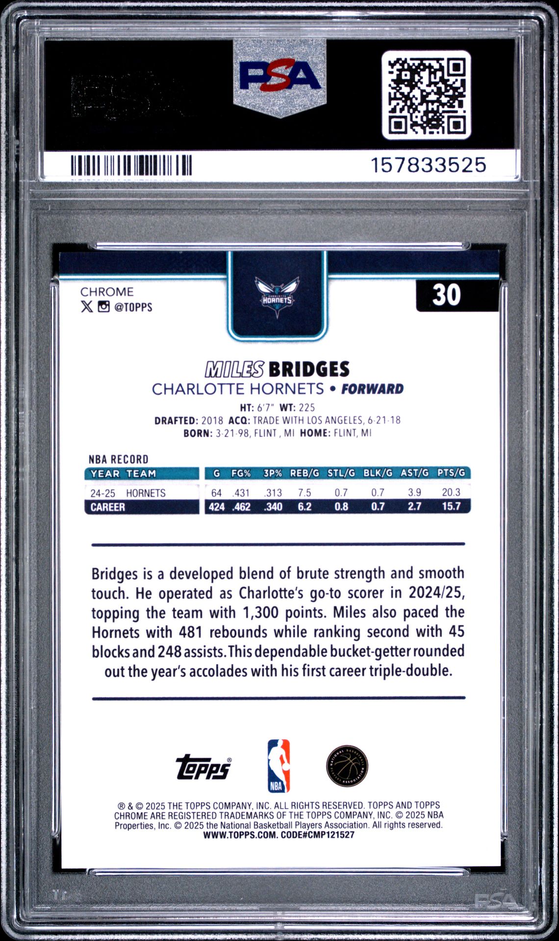 2025 Topps Chrome Miles Bridges #30 (Gold Refractor) Mint 9 back