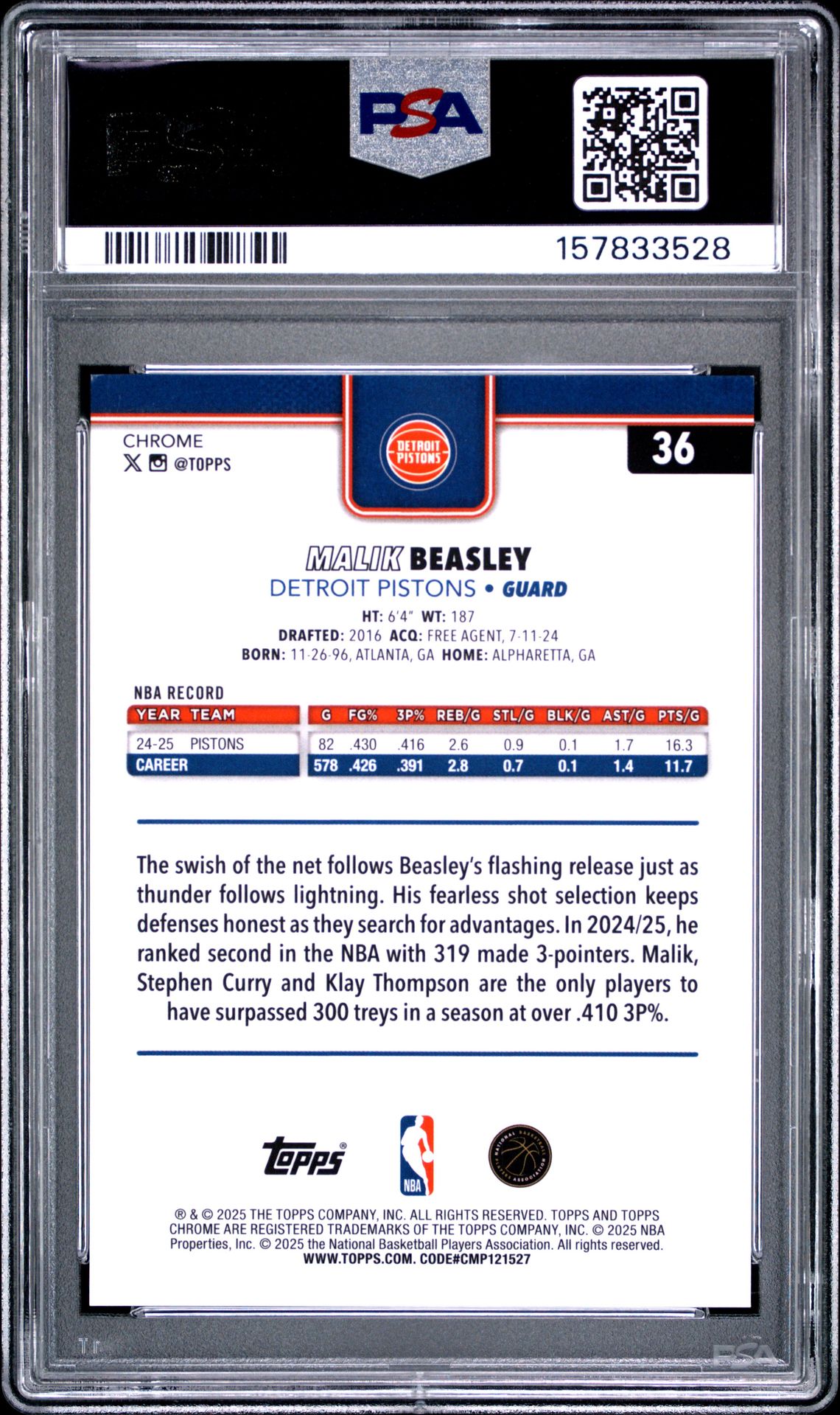 2025 Topps Chrome Malik Beasley #36 (Gold Refractor) Mint 9 back