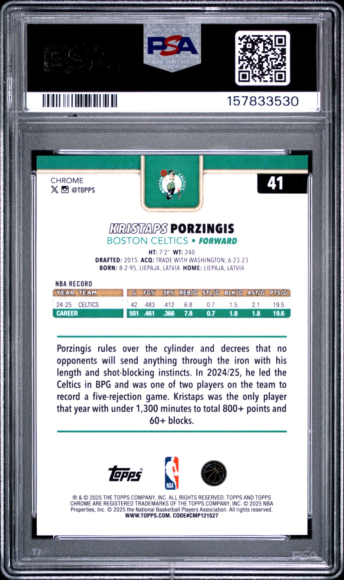 2025 Topps Chrome Kristaps Porzingis #41 (Gold Refractor) Mint 9 back
