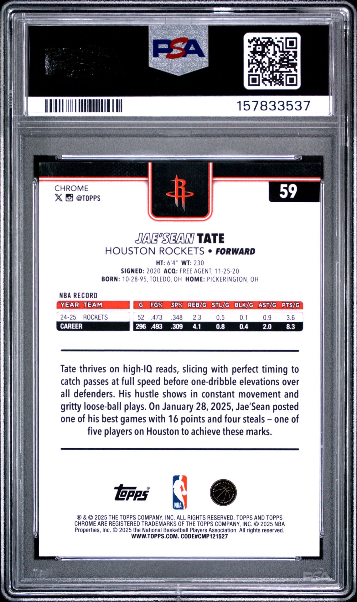 2025 Topps Chrome Jae'sean Tate #59 (Gold Refractor) Mint 9 back