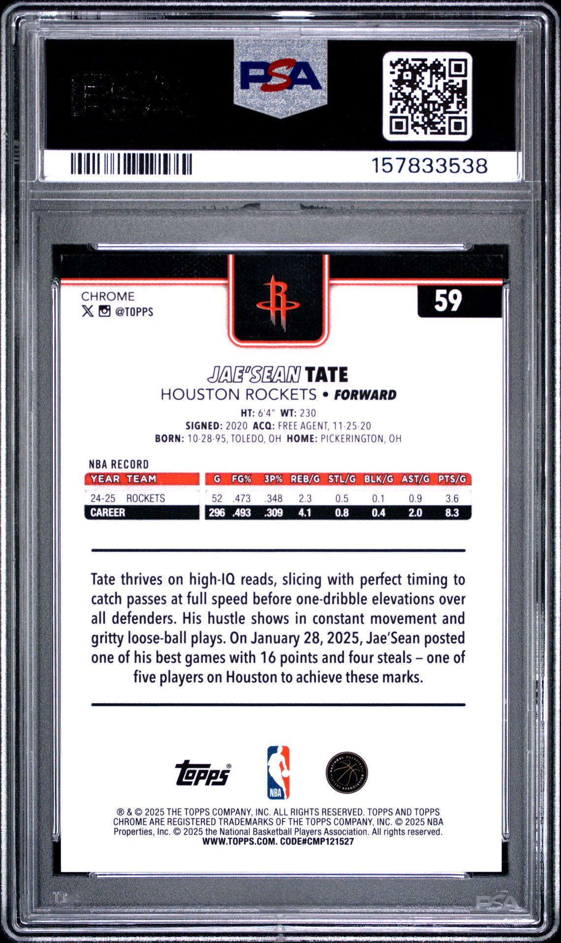 2025 Topps Chrome Jae'sean Tate #59 (Gold Refractor) Mint 9 back