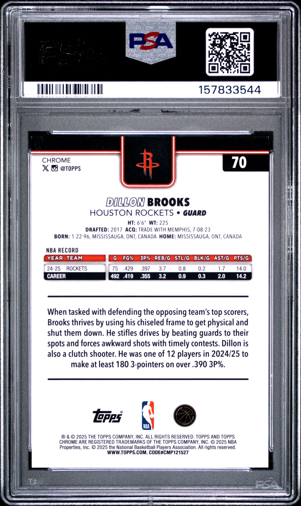 2025 Topps Chrome Dillon Brooks #70 (Gold Refractor) Mint 9 back