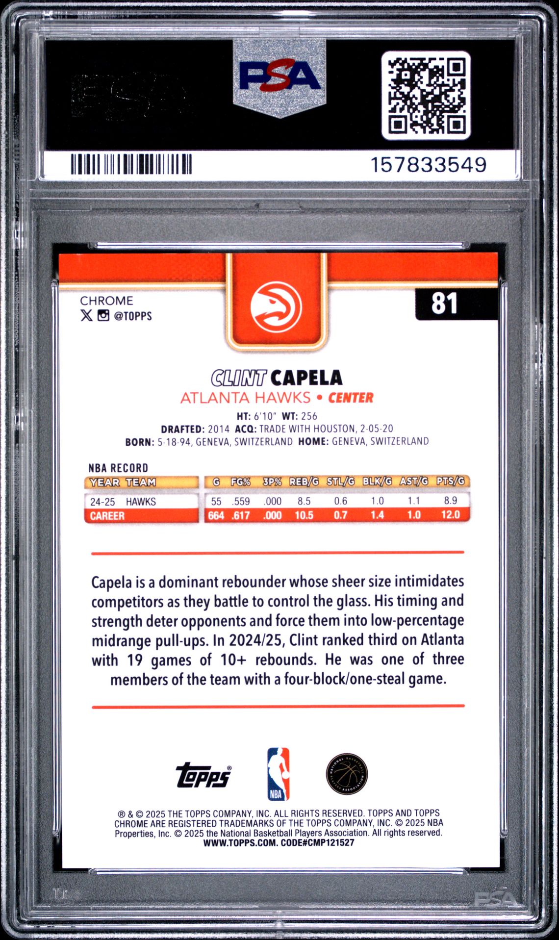 2025 Topps Chrome Clint Capela #81 (Gold Refractor) Gem Mt 10 back view - PSA certificate #157833549