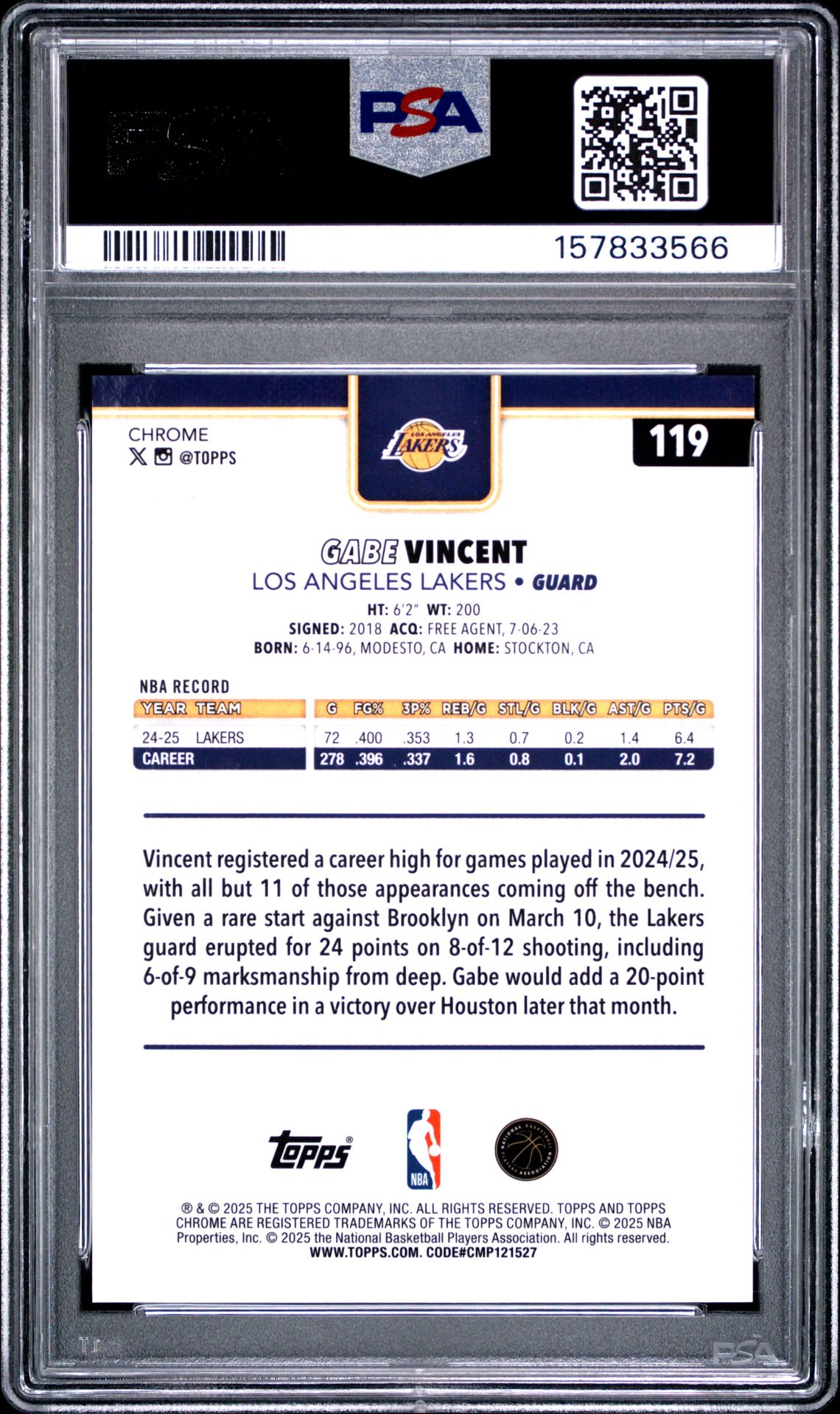 2025 Topps Chrome Gabe Vincent #119 (Gold Refractor) Mint 9 back