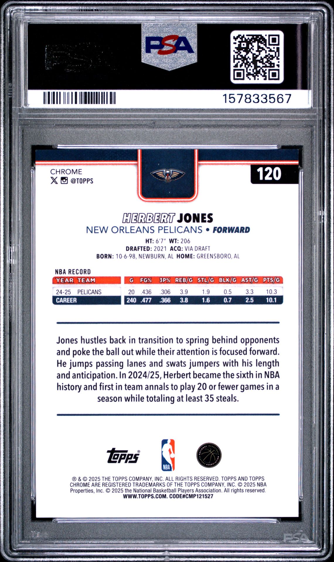 2025 Topps Chrome Herbert Jones #120 (Gold Refractor) Nm-Mt 8 back