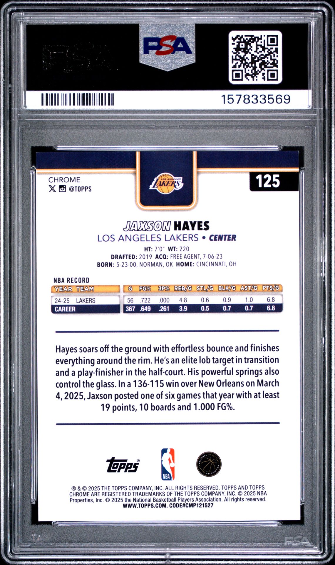 2025 Topps Chrome Jaxson Hayes #125 (Gold Refractor) Mint 9 back