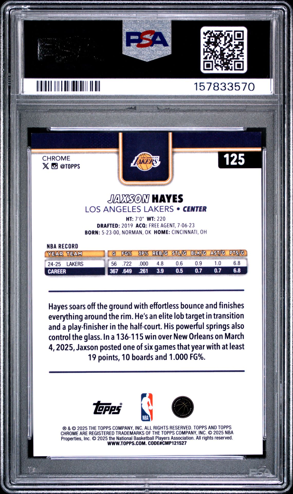 2025 Topps Chrome Jaxson Hayes #125 (Gold Refractor) Mint 9 back