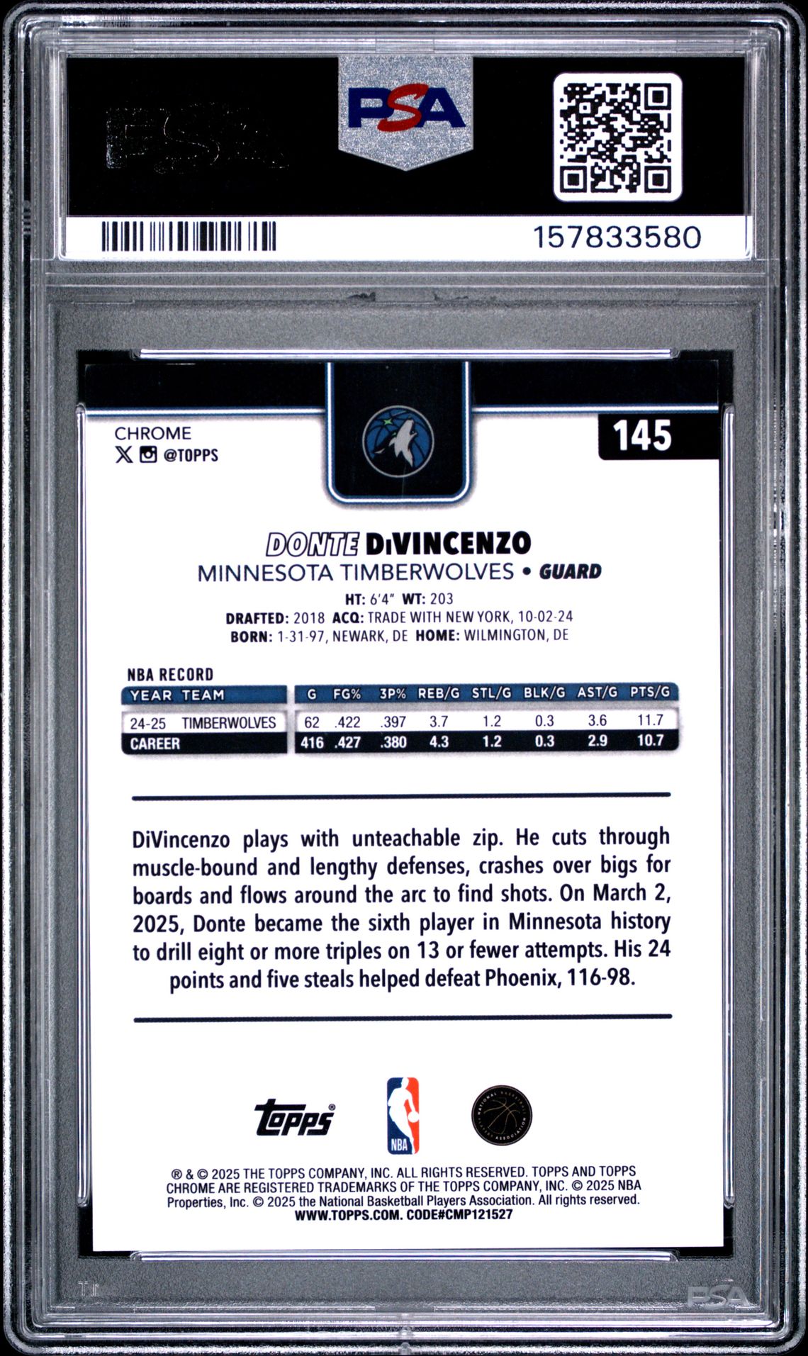 2025 Topps Chrome Donte Divincenzo #145 (Gold Refractor) Mint 9 back
