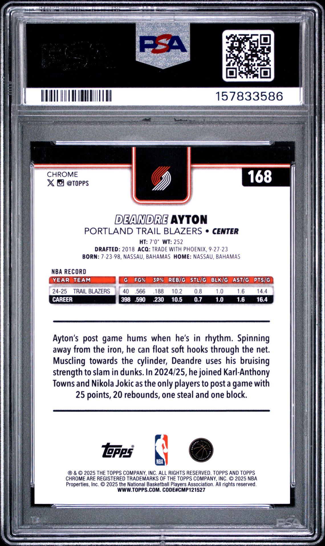 2025 Topps Chrome Deandre Ayton #168 (Gold Refractor) Mint 9 back