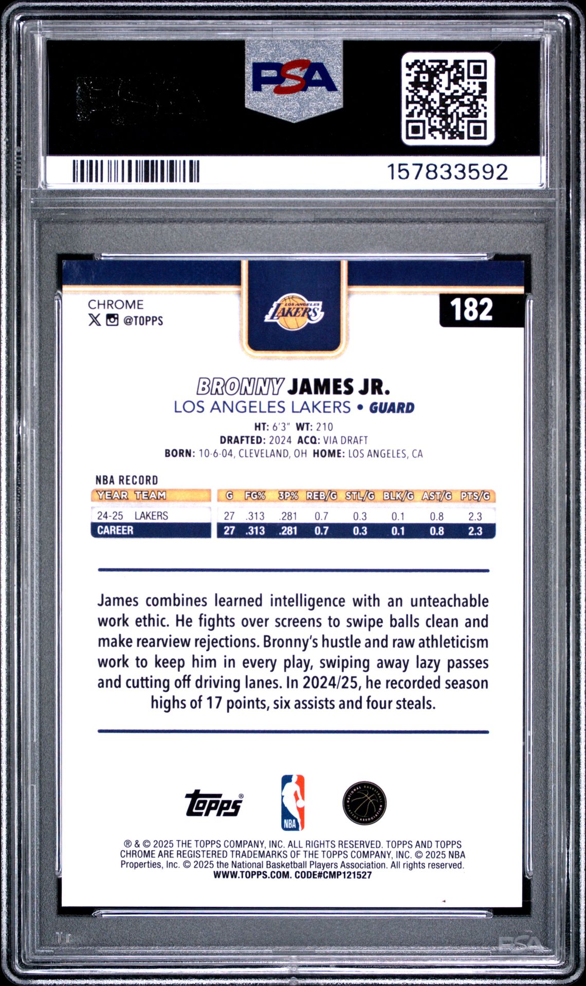 2025 Topps Chrome Bronny James Jr. #182 (Gold Refractor) Mint 9 back