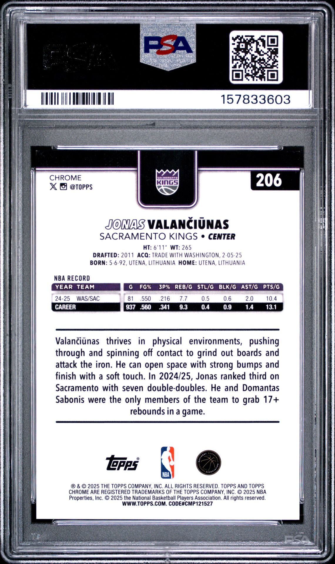 2025 Topps Chrome Jonas Valanciunas #206 (Gold Refractor) Mint 9 back