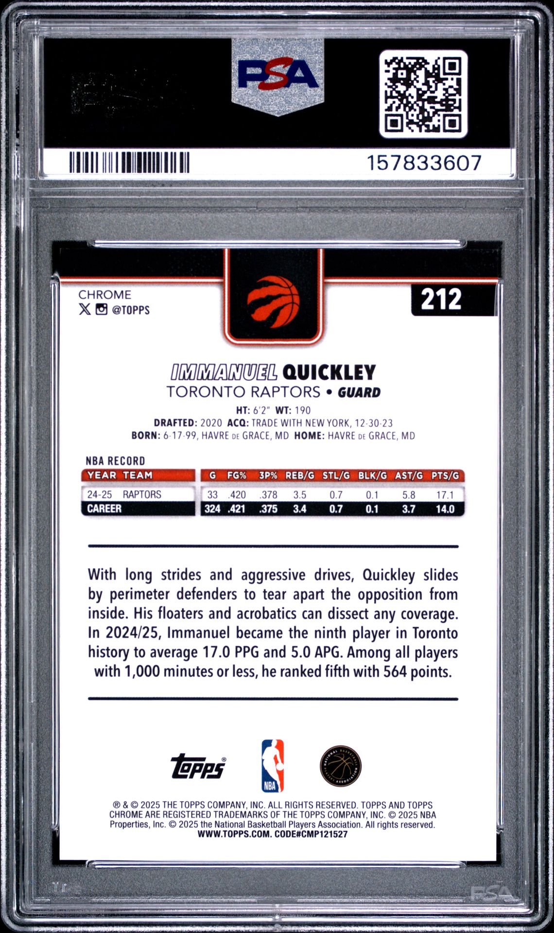 2025 Topps Chrome Immanuel Quickley #212 (Gold Refractor) Mint 9 back