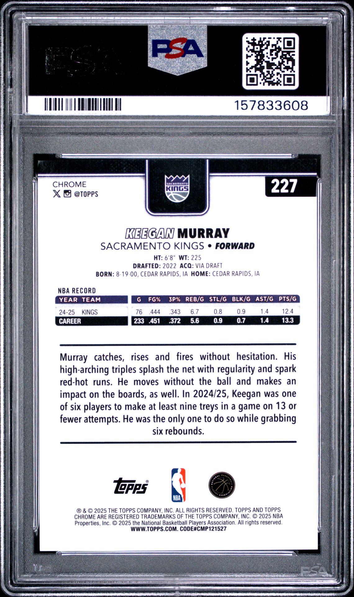 2025 Topps Chrome Keegan Murray #227 (Gold Refractor) Mint 9 back