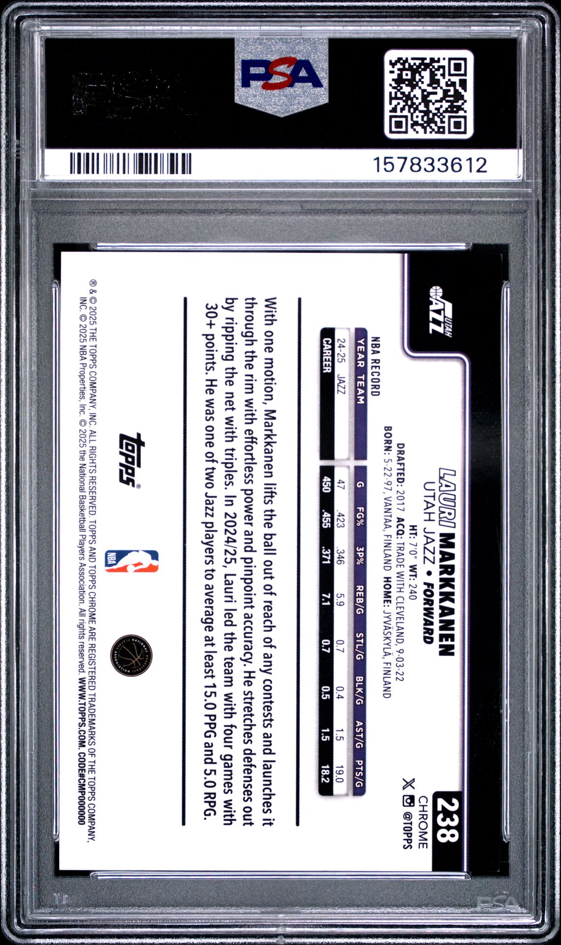 2025 Topps Chrome Lauri Markkanen #238 (Gold Refractor) Mint 9 back