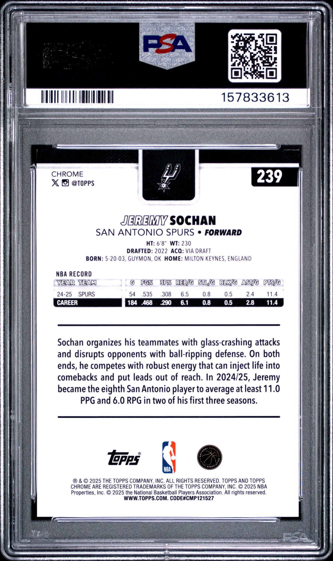 2025 Topps Chrome Jeremy Sochan #239 (Gold Refractor) Mint 9 back