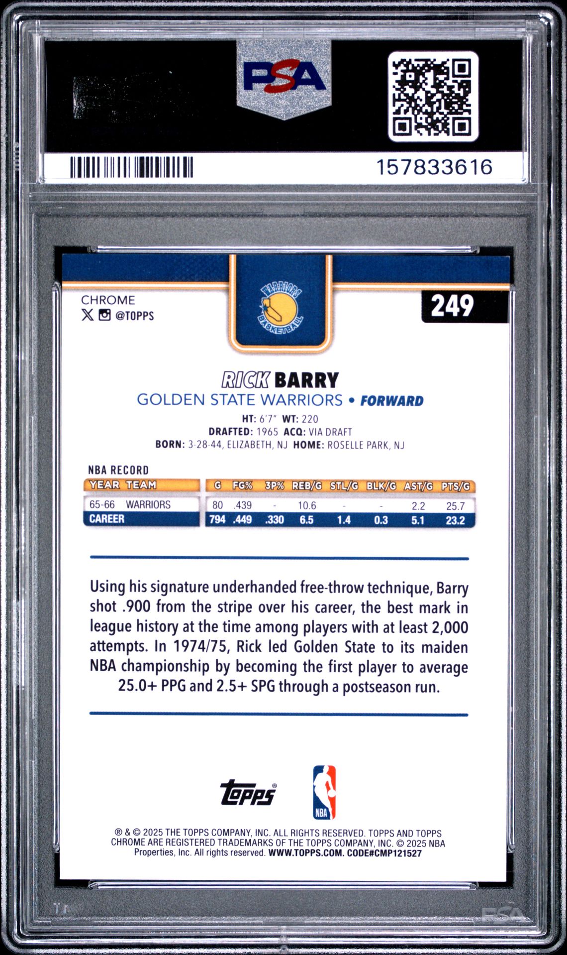 2025 Topps Chrome Rick Barry #249 (Gold Refractor) Nm-Mt 8 back