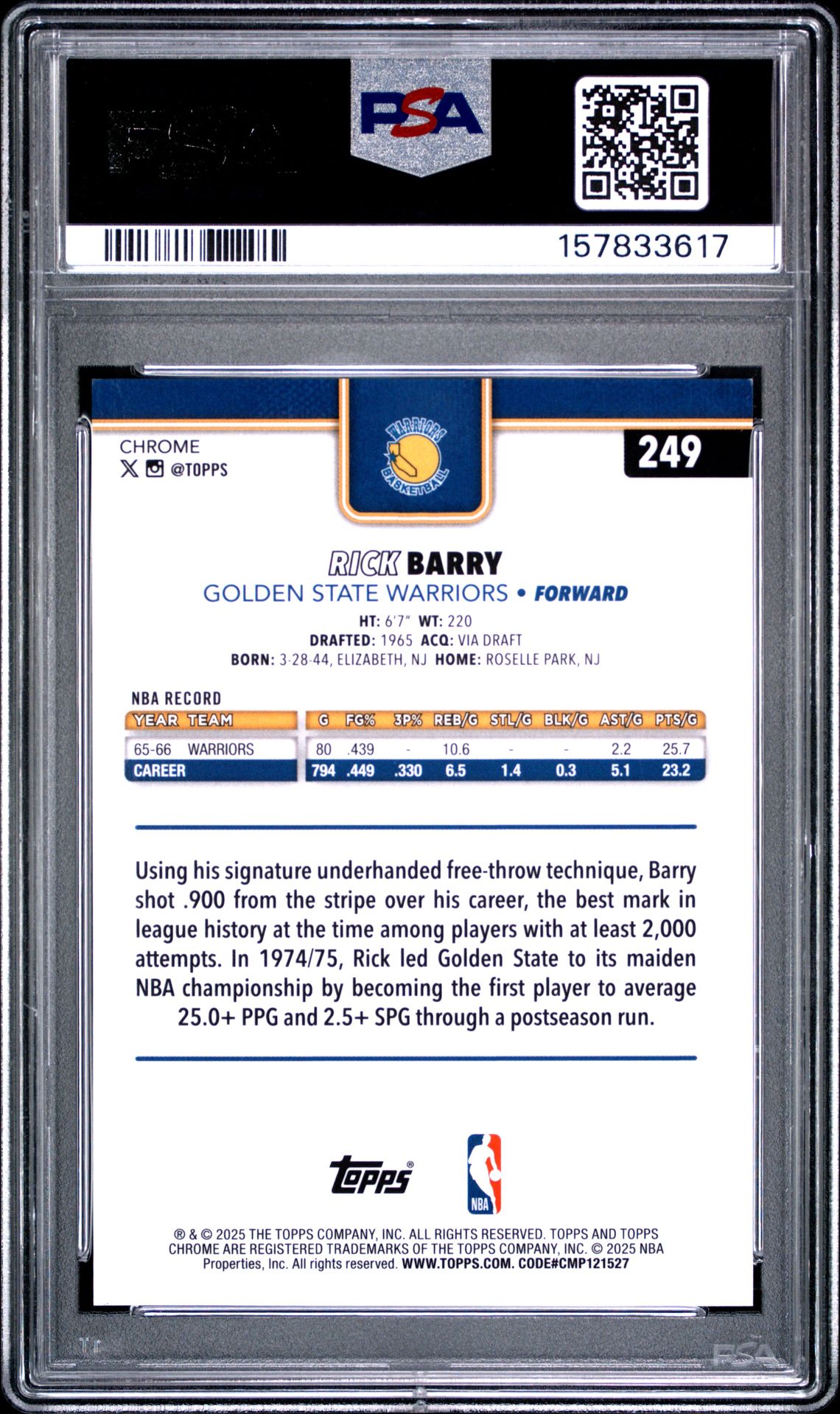 2025 Topps Chrome Rick Barry #249 (Gold Refractor) Mint 9 back