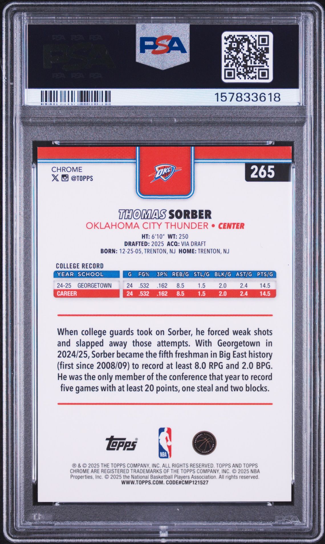 2025 Topps Chrome Thomas Sorber #265 (Gold Refractor) Nm-Mt 8 back