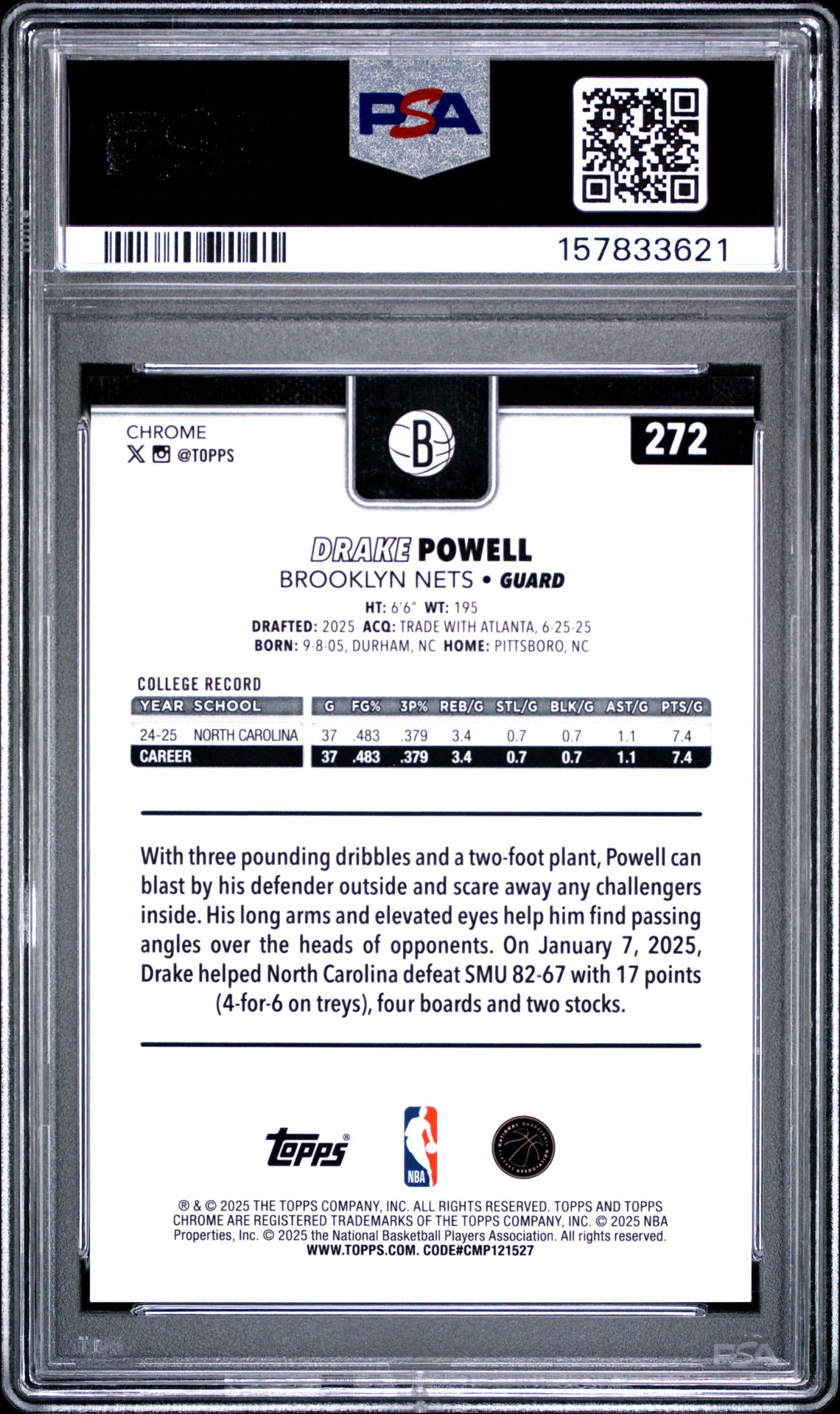 2025 Topps Chrome Drake Powell #272 (Gold Refractor) Mint 9 back