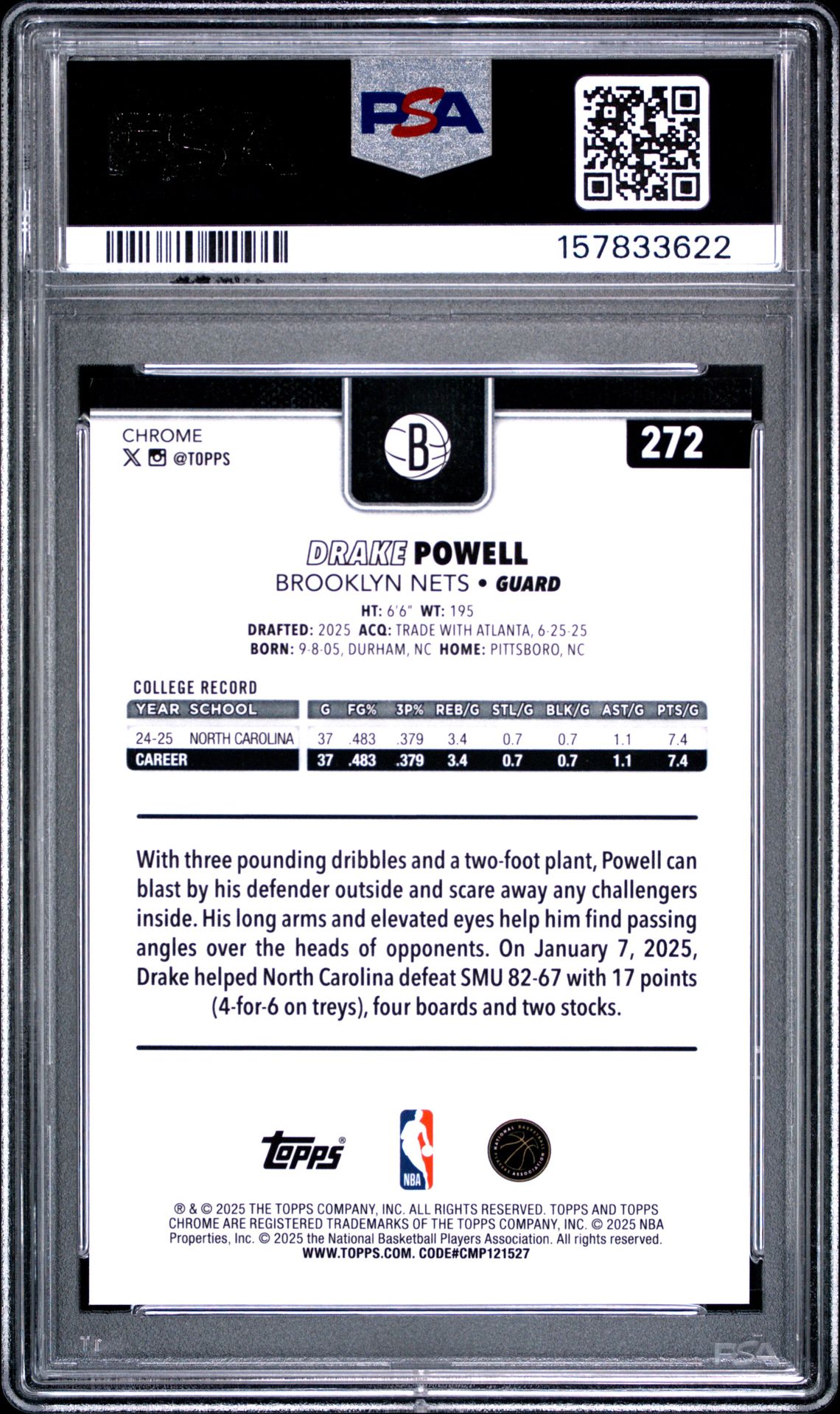 2025 Topps Chrome Drake Powell #272 (Gold Refractor) Mint 9 back