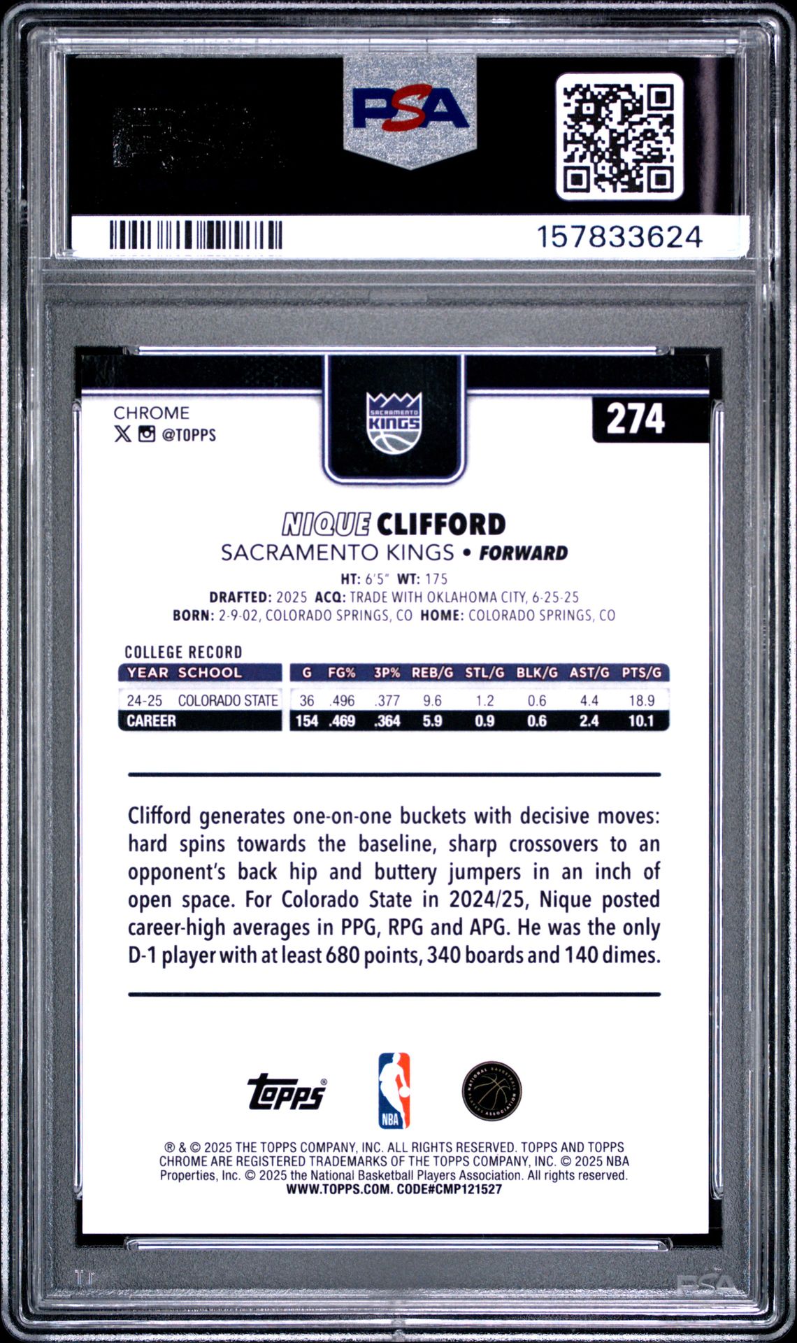 2025 Topps Chrome Nique Clifford #274 (Gold Refractor) Mint 9 back