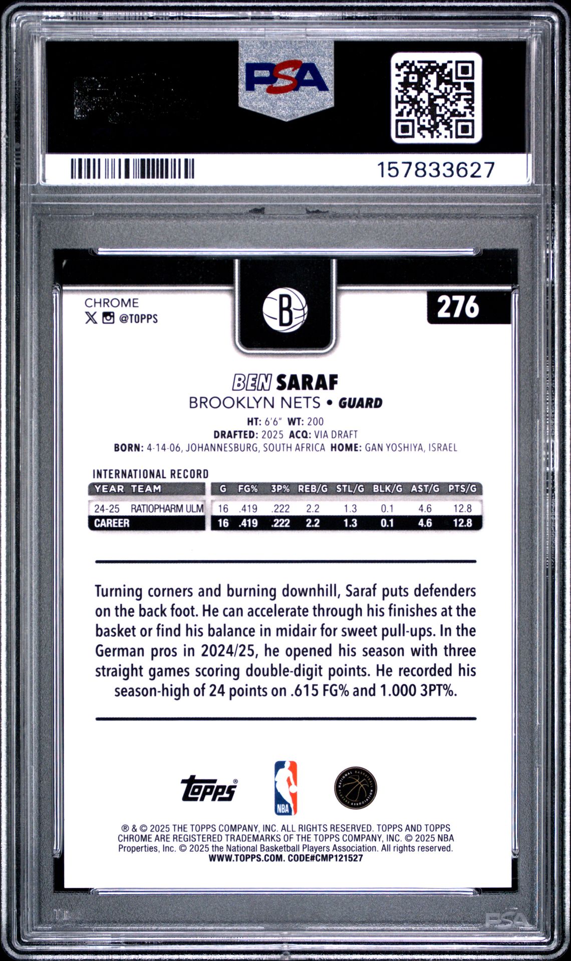 2025 Topps Chrome Ben Saraf #276 (Gold Refractor) Nm-Mt 8 back