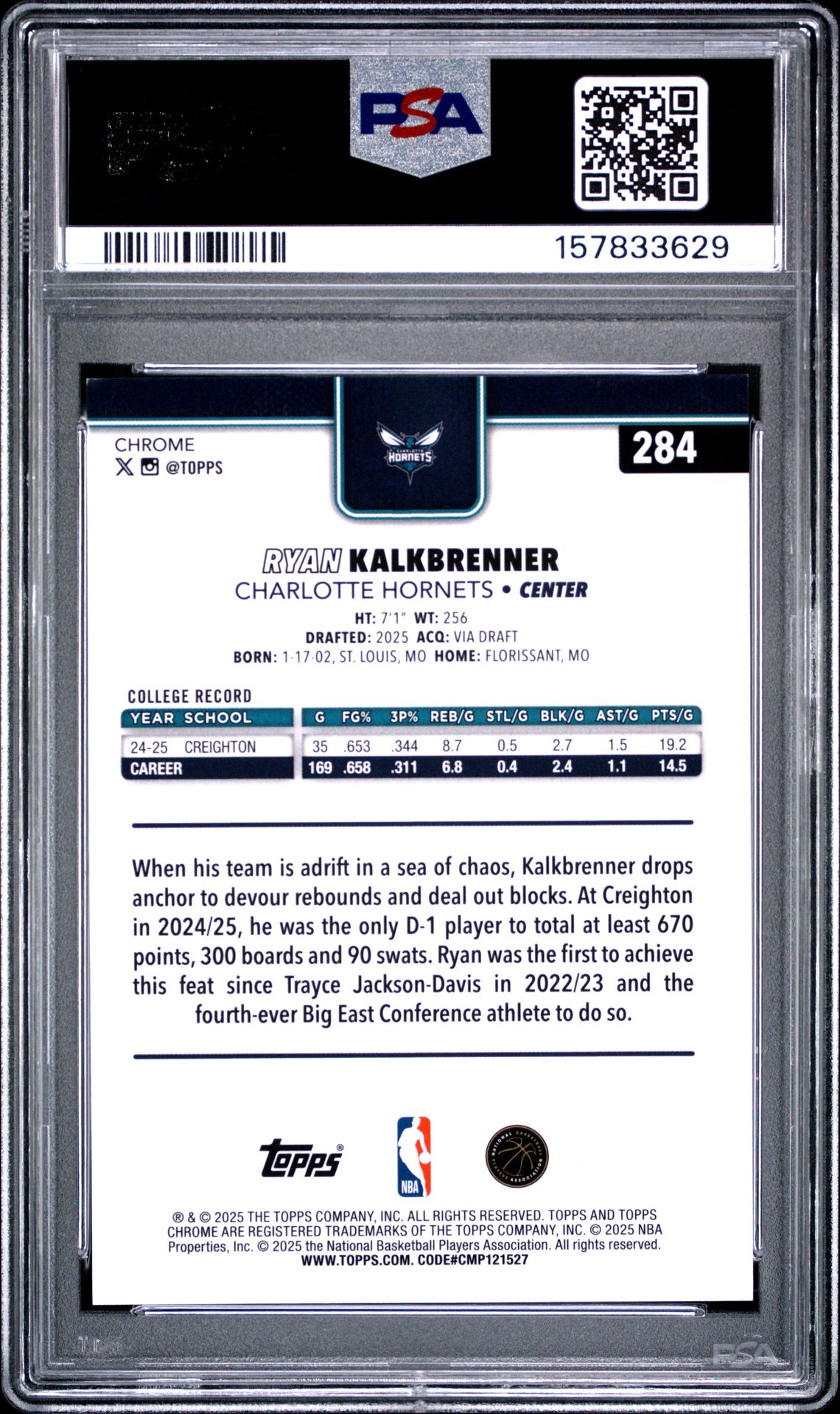 2025 Topps Chrome Ryan Kalkbrenner #284 (Gold Refractor) Nm-Mt 8 back