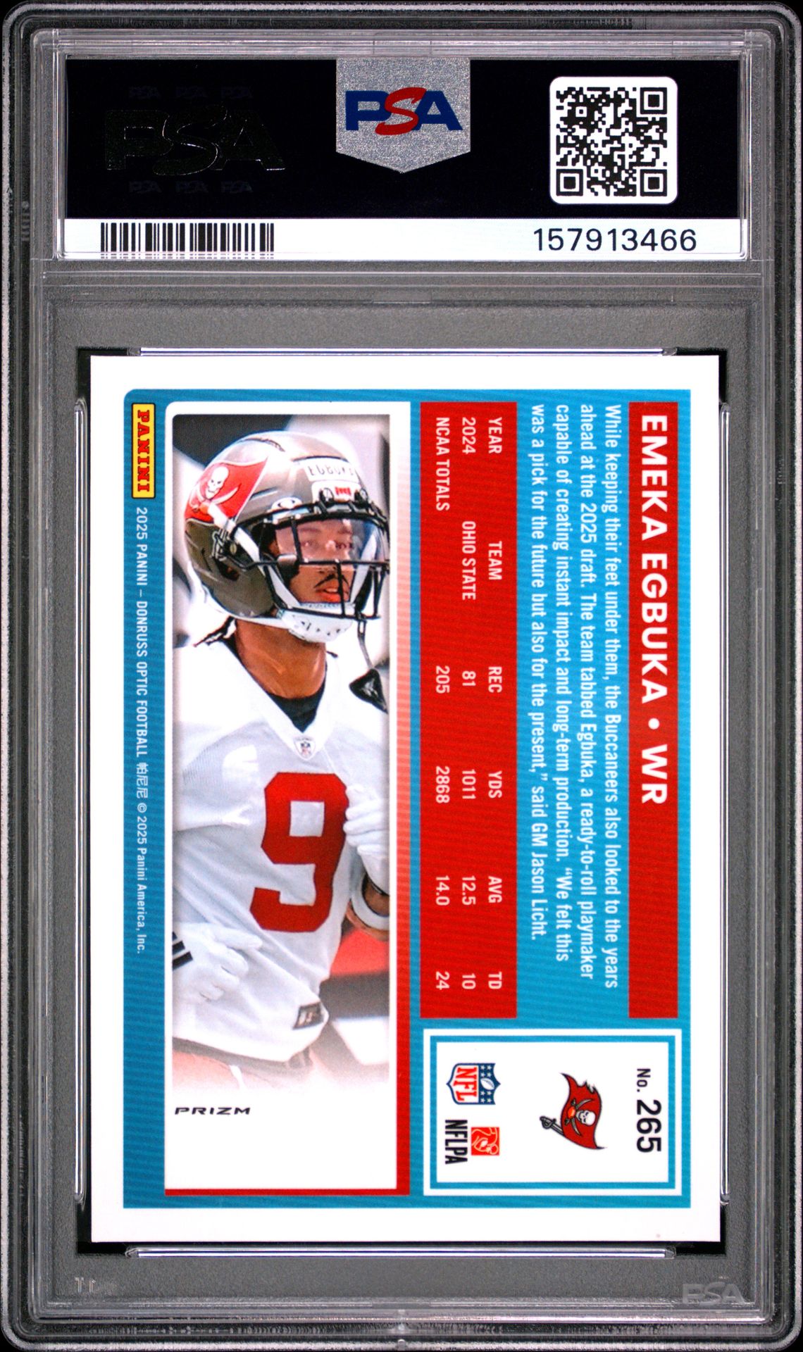 2025 Panini Donruss Optic Emeka Egbuka #265 (Green Hyper) Gem Mt 10 back