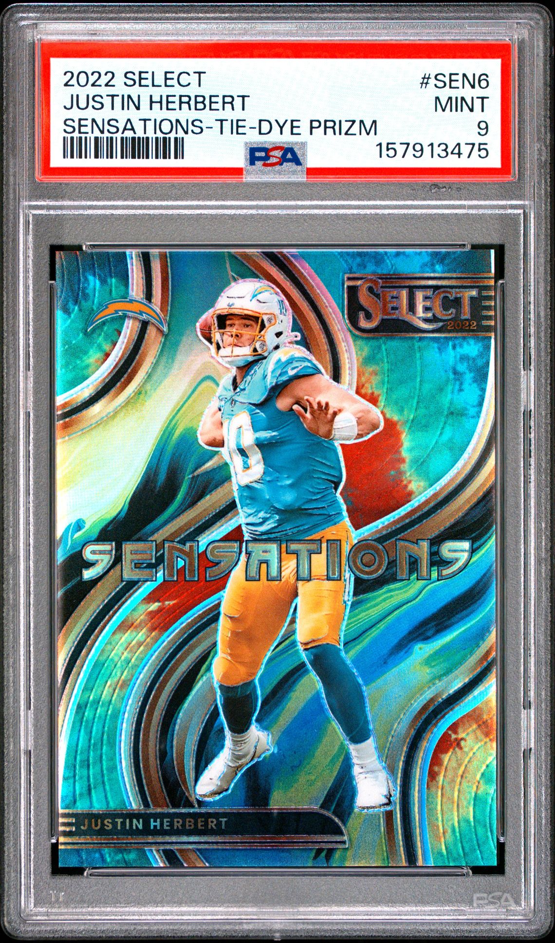 2022 Panini Select Sensations Justin Herbert #Sen6 (Sensations-Tie-Dye Prizm) Mint 9 front