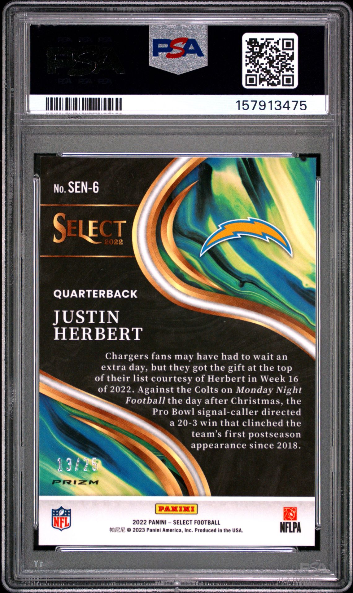 2022 Panini Select Sensations Justin Herbert #Sen6 (Sensations-Tie-Dye Prizm) Mint 9 back