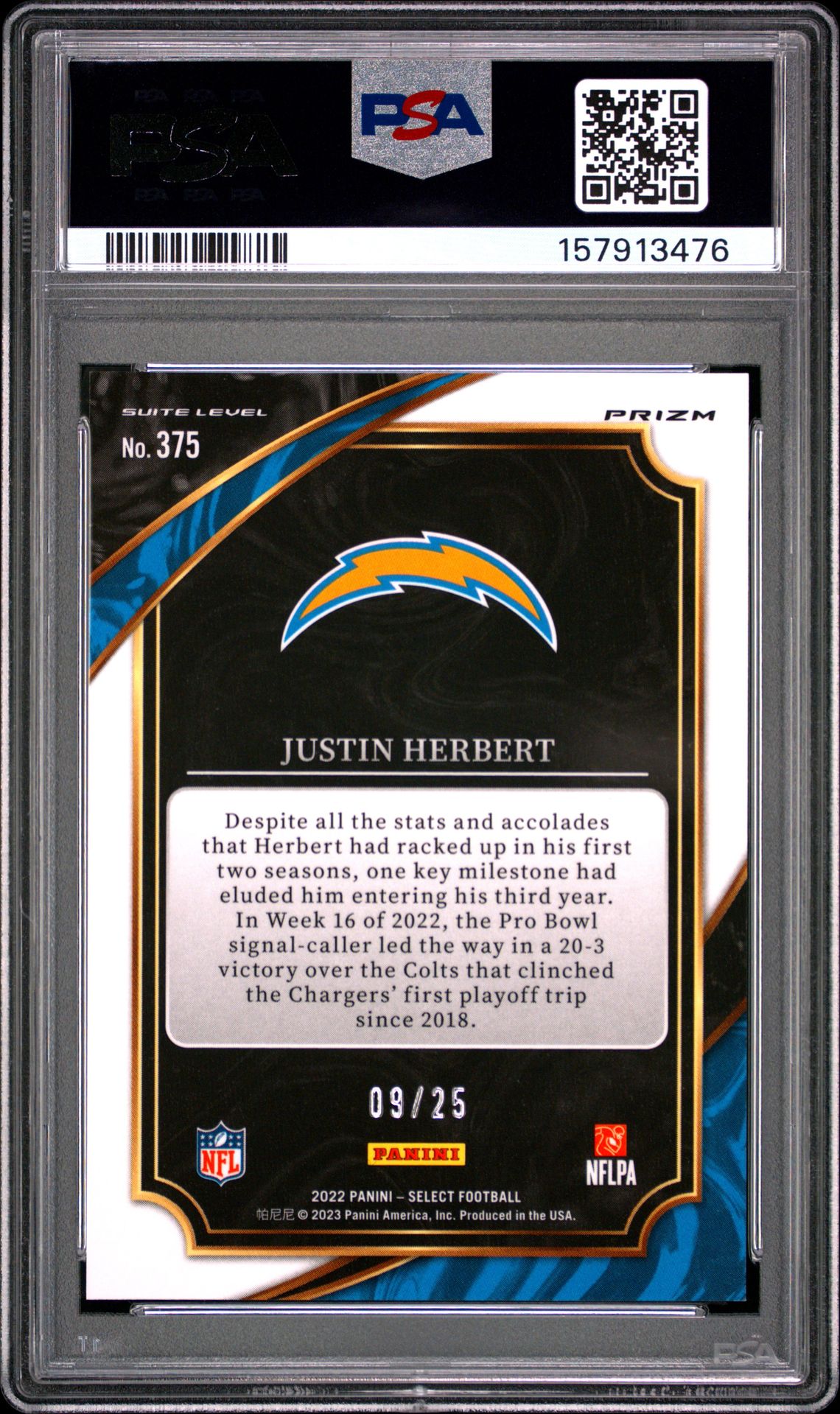 2022 Panini Select Justin Herbert #375 (Tie-Dye Prizm) Mint 9 back