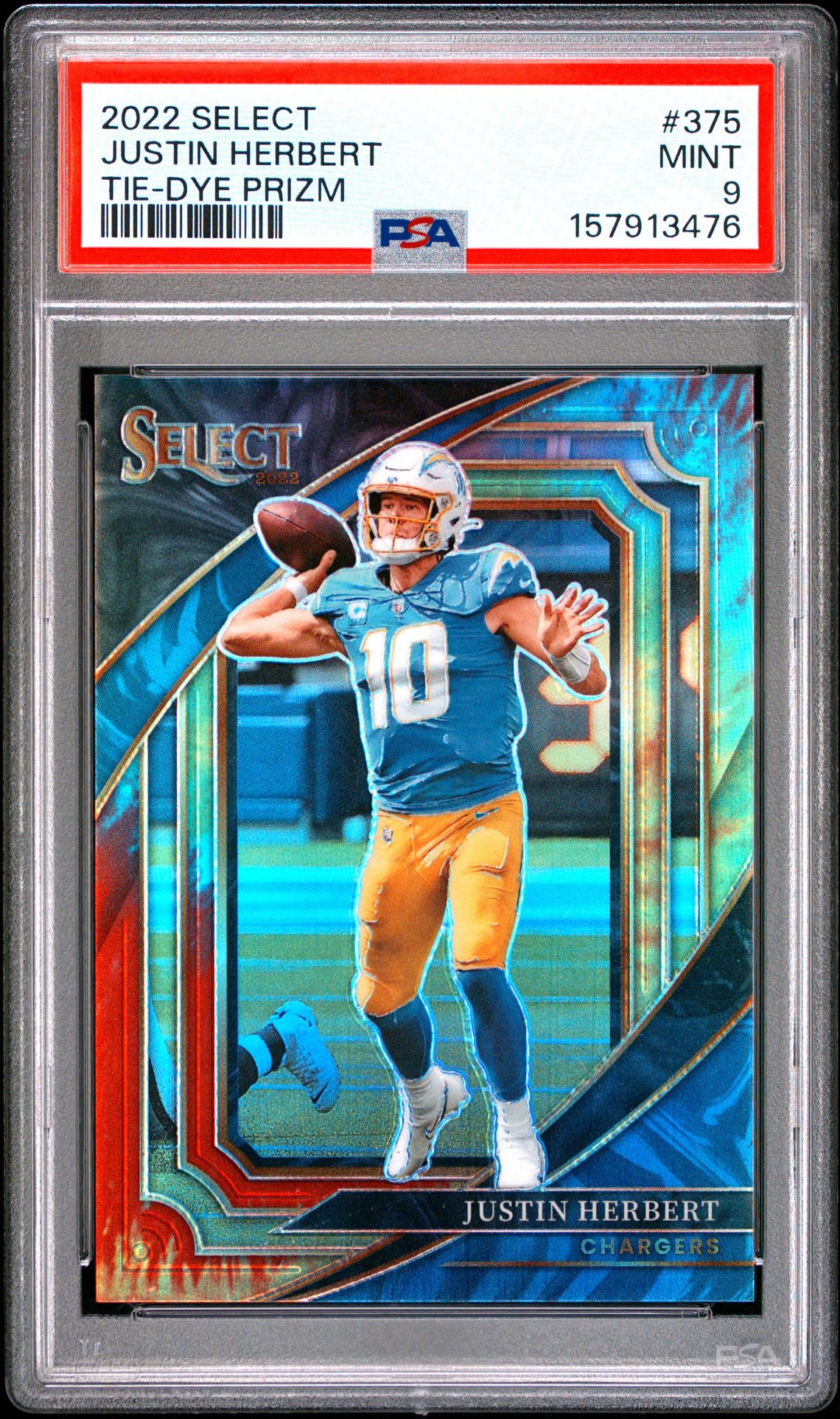 2022 Panini Select Justin Herbert #375 (Tie-Dye Prizm) Mint 9 front