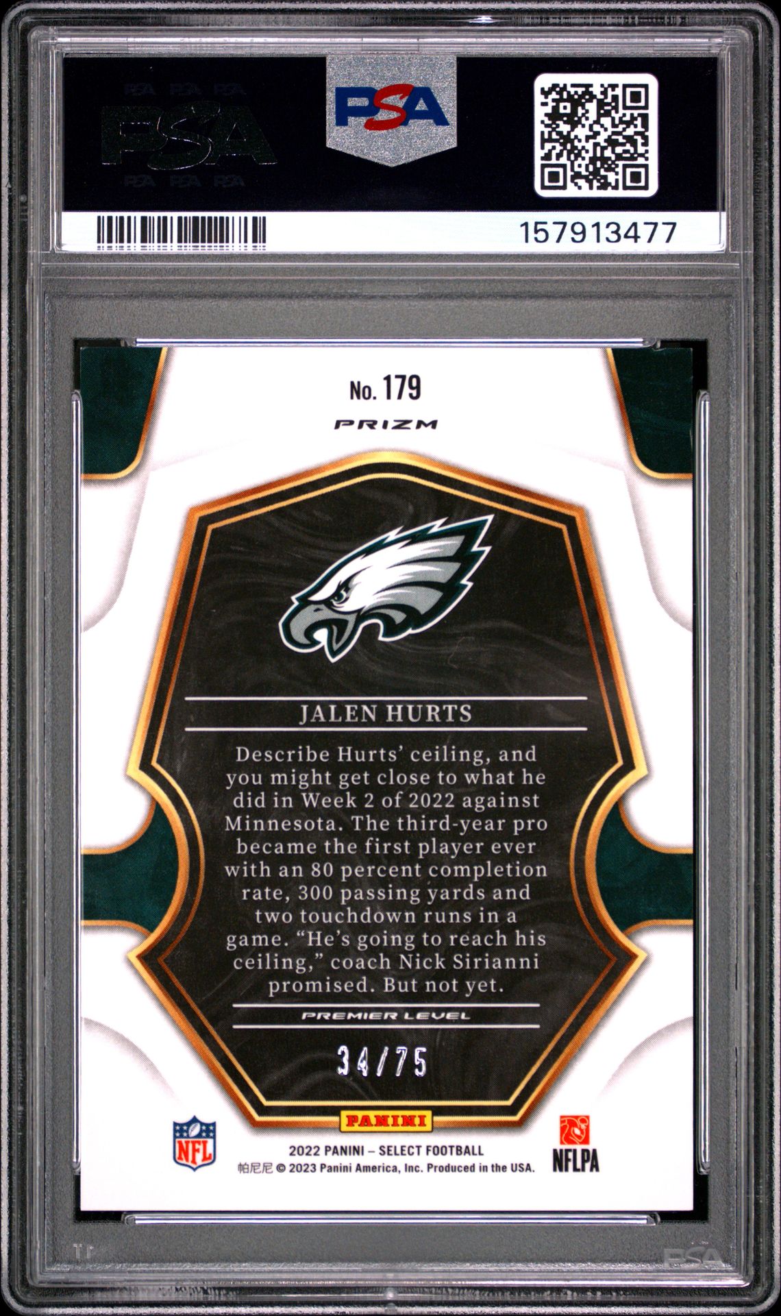 2022 Panini Select Jalen Hurts #179 (Purple Prizm) Nm-Mt 8 back