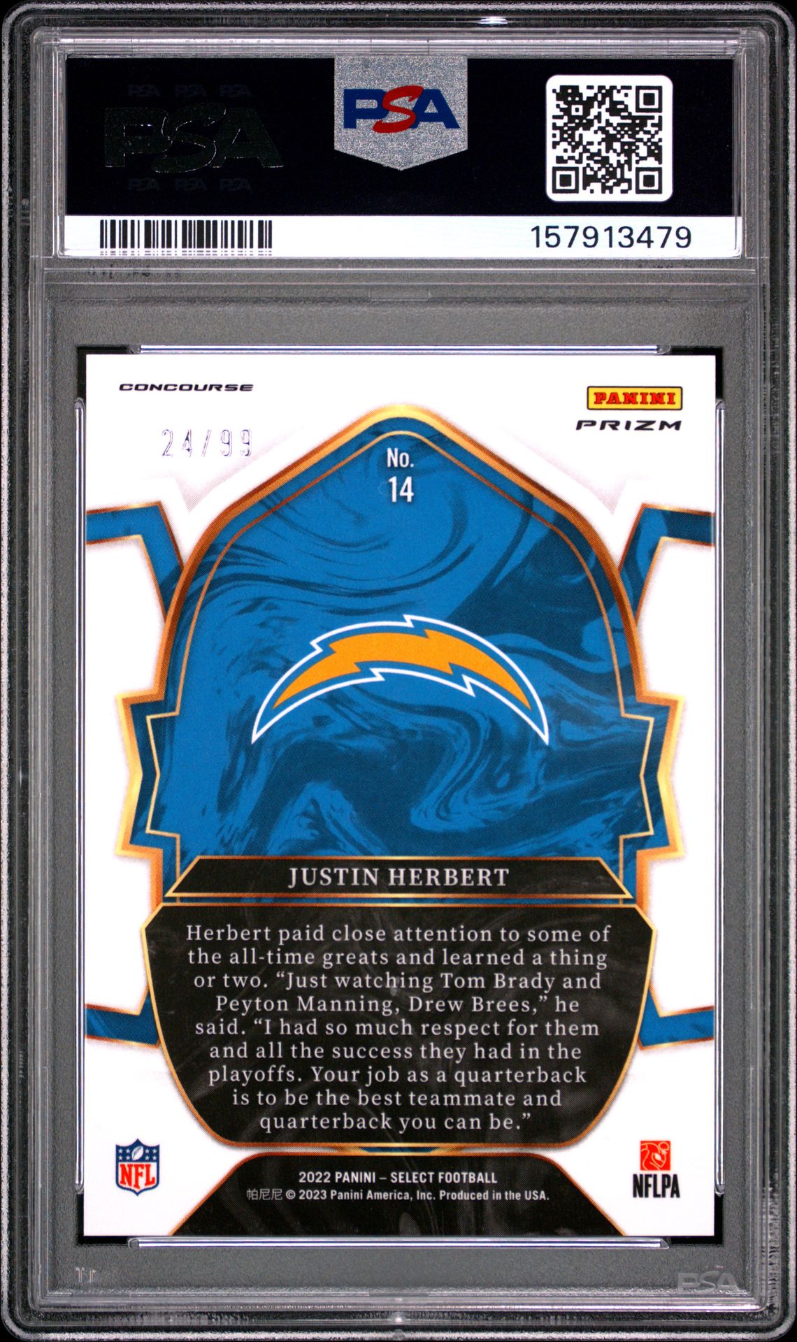 2022 Panini Select Justin Herbert #14 (Red Prizm) Gem Mt 10 back view - PSA certificate #157913479