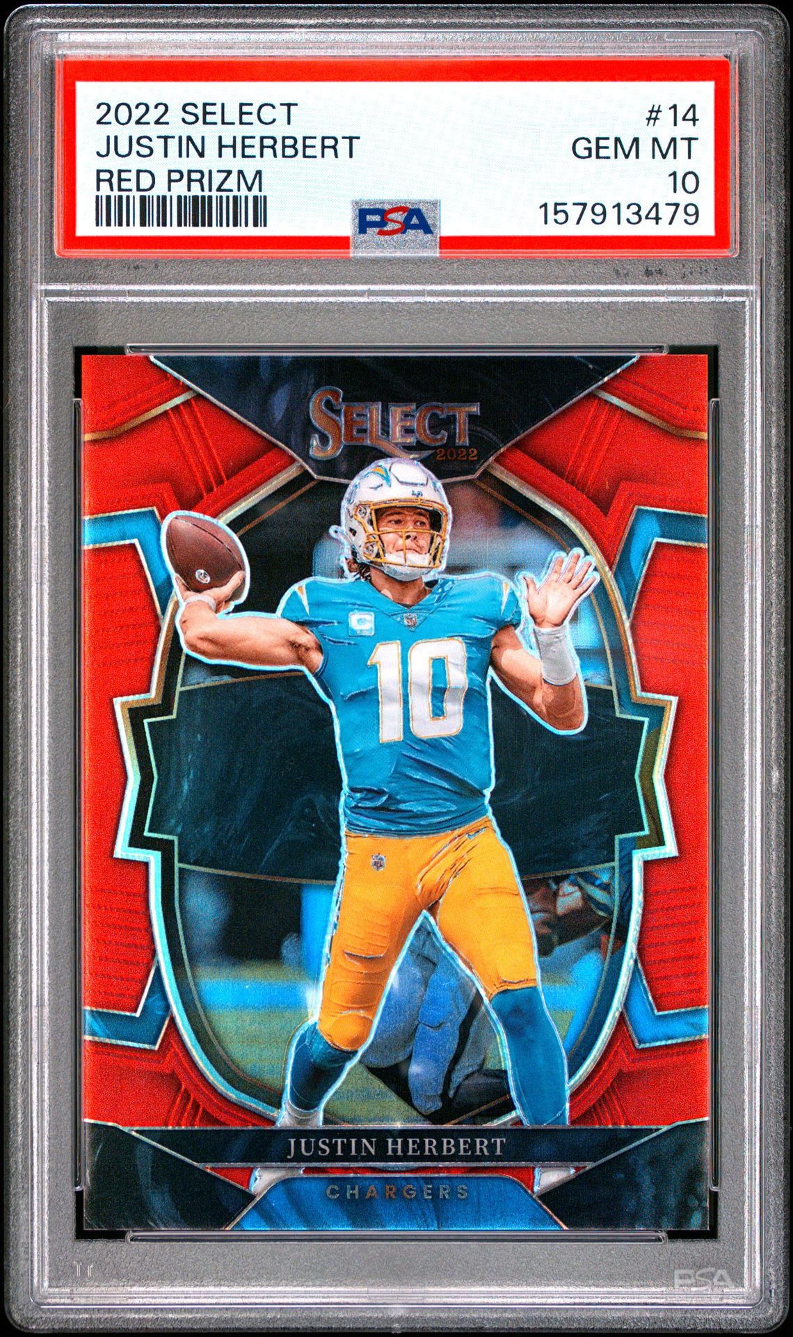 2022 Panini Select Justin Herbert #14 (Red Prizm) Gem Mt 10 front view - PSA graded GEM MT 10