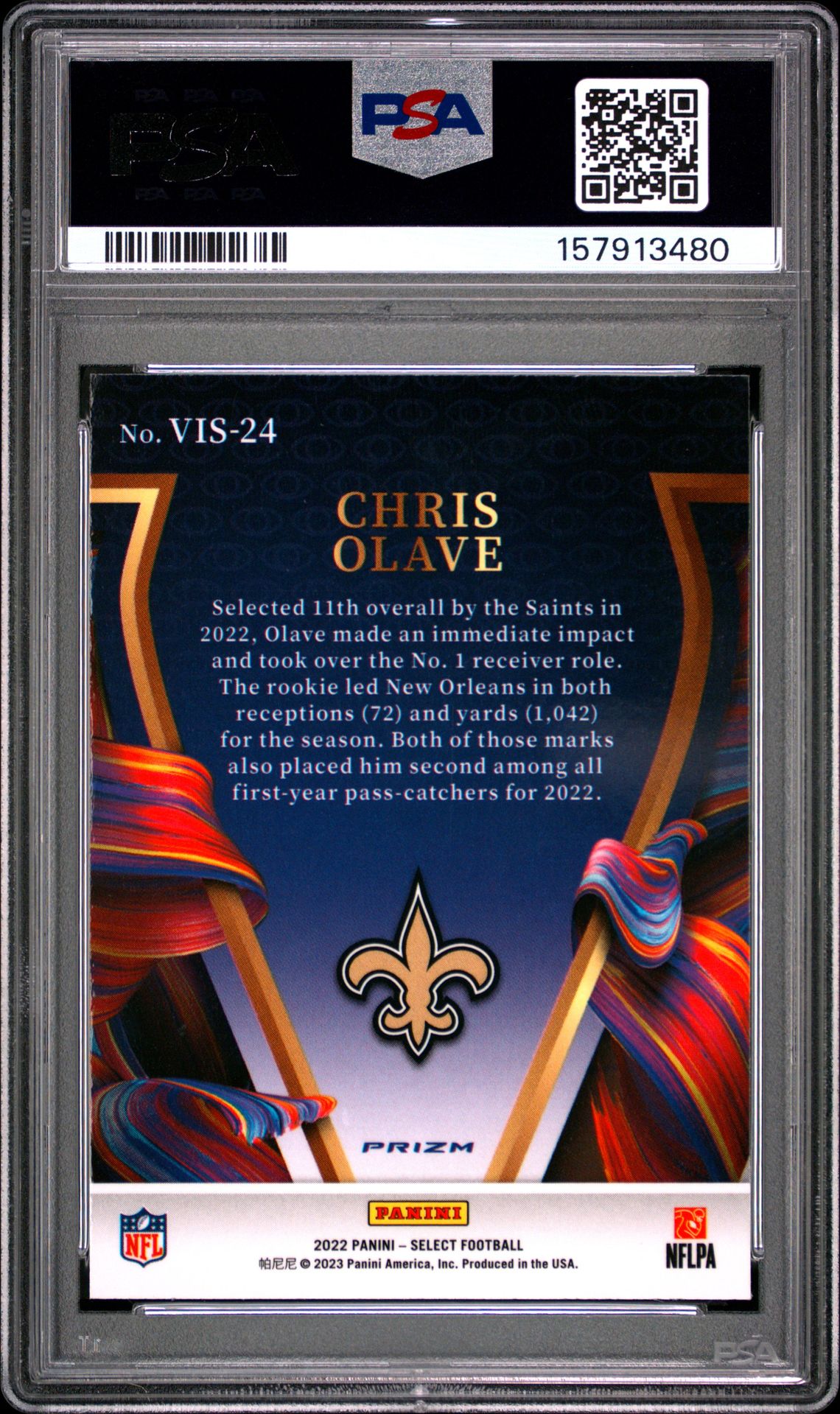 2022 Panini Select Visionary Chris Olave #Vis24 (Visionary) Gem Mt 10 back view - PSA certificate #157913480